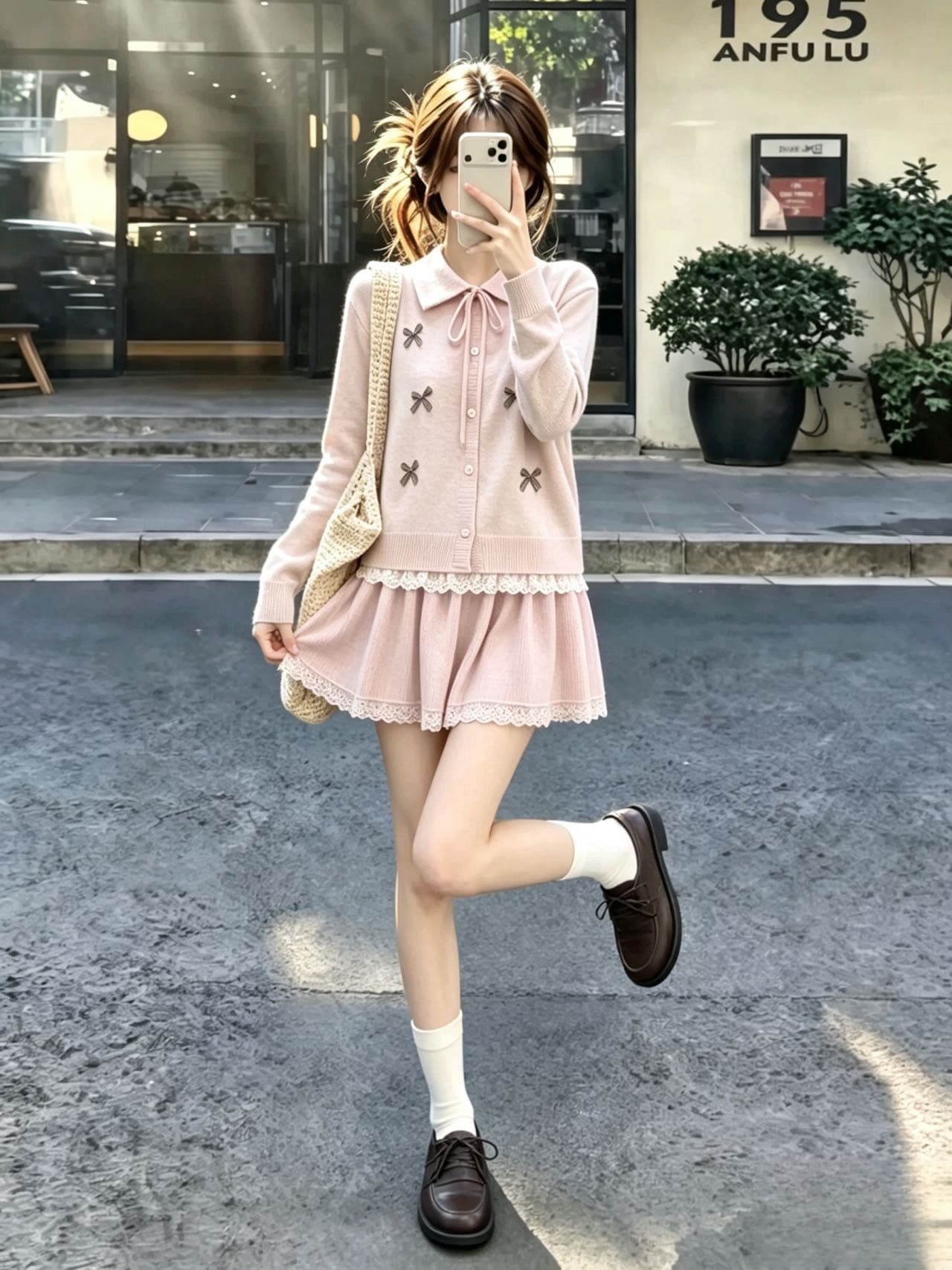 새로운 한 부서 쇼트 스타일 나비 매듭 레이스 레이스 긴팔 폴로 칼라 스웨터 오픈 가디건 반신 스커트 투피스 세트 상세 이미지 3