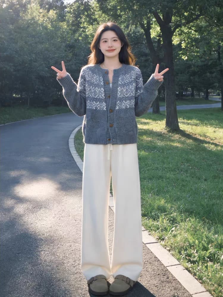 한 부서 고급 센스 회색 자카드 니트 오픈 가디건 스웨터 여성 코트 가을 겨울철 착용 가져 가라. 캐주얼 긴 바지 투피스 세트 상세 이미지 3