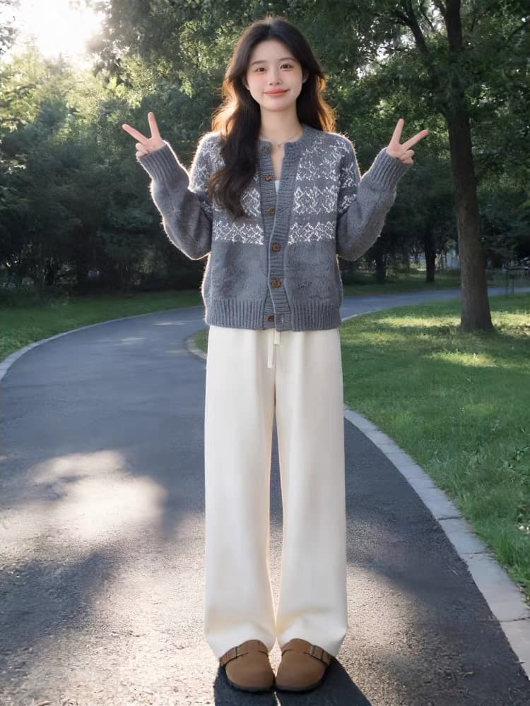 한 부서 고급 센스 회색 자카드 니트 오픈 가디건 스웨터 여성 코트 가을 겨울철 착용 가져 가라. 캐주얼 긴 바지 투피스 세트 상세 이미지 5
