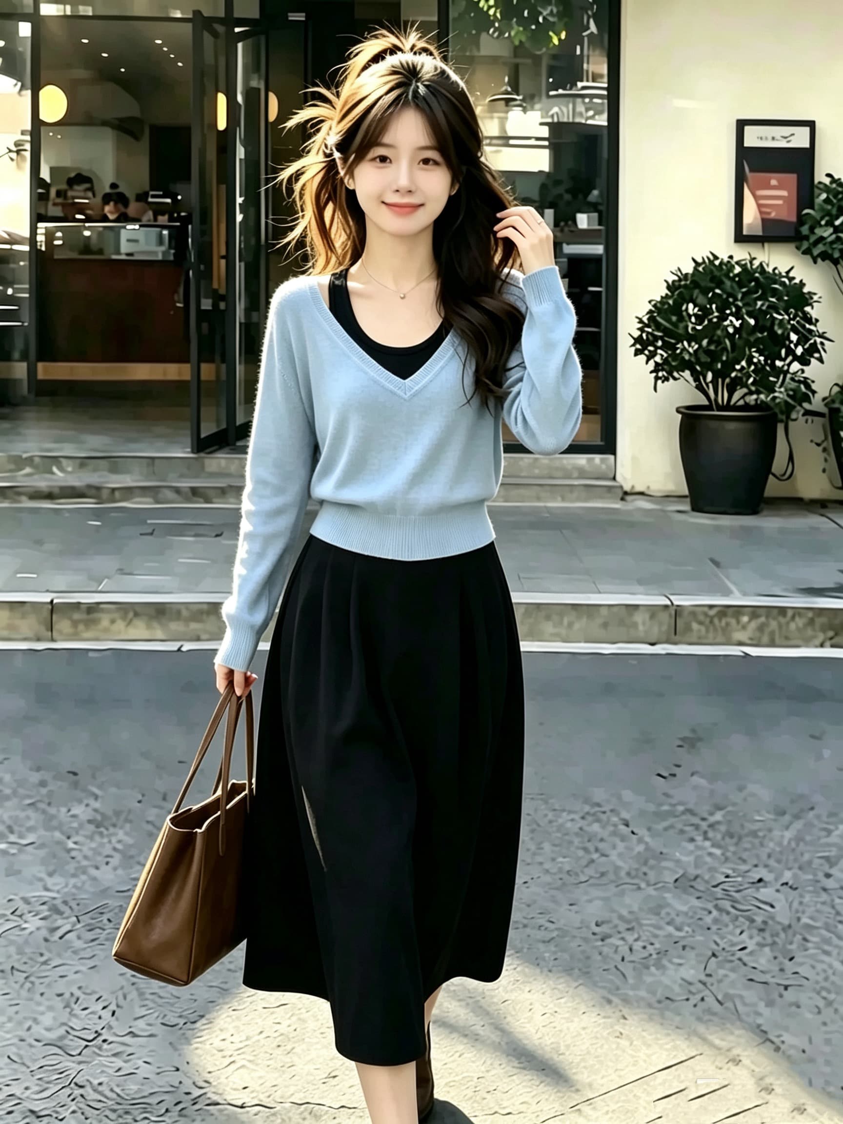 자이언트 잘 생긴 ~ 중 빛 요리 한 이른 가을 배색 페이크 레이어드 긴팔 니트 오픈 가디건 여성 가을 겨울 스웨터 반신 스커트 투피스 세트 이미지 4