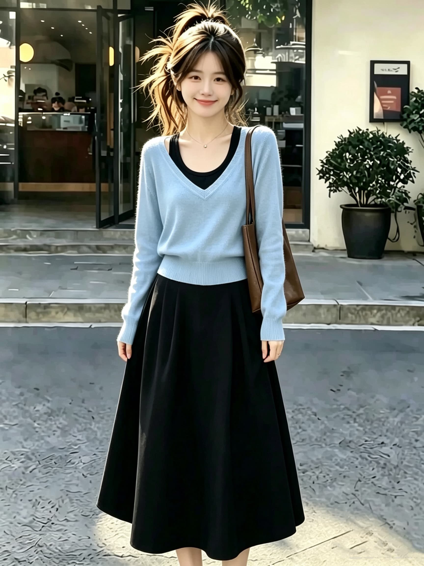 자이언트 잘 생긴 ~ 중 빛 요리 한 이른 가을 배색 페이크 레이어드 긴팔 니트 오픈 가디건 여성 가을 겨울 스웨터 반신 스커트 투피스 세트 상세 이미지 2