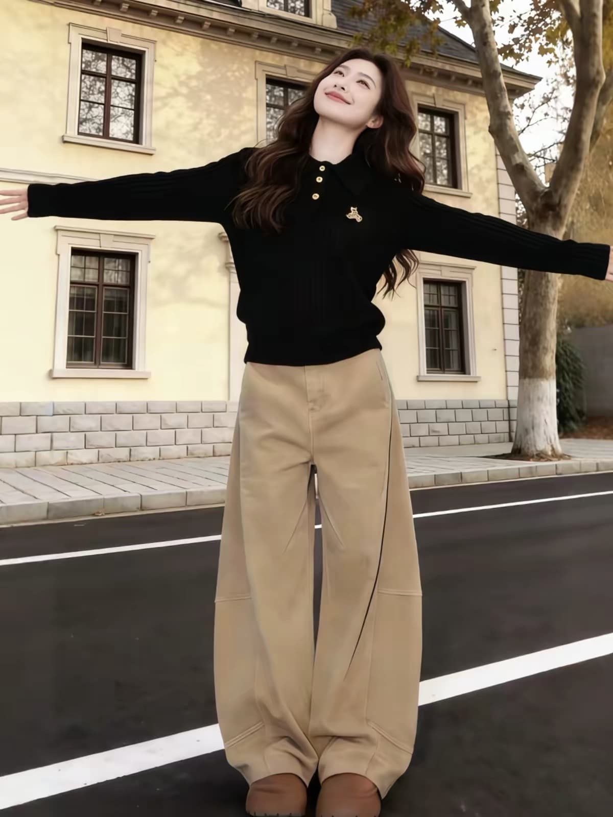 검정색 POLO 셔츠 폴로 칼라 작은 곰 자수 몸매 가꾸기 인사이드 가져 가라. 긴팔 티셔츠 여성 가을 2026 슈퍼 화재 연령 감소 맨위