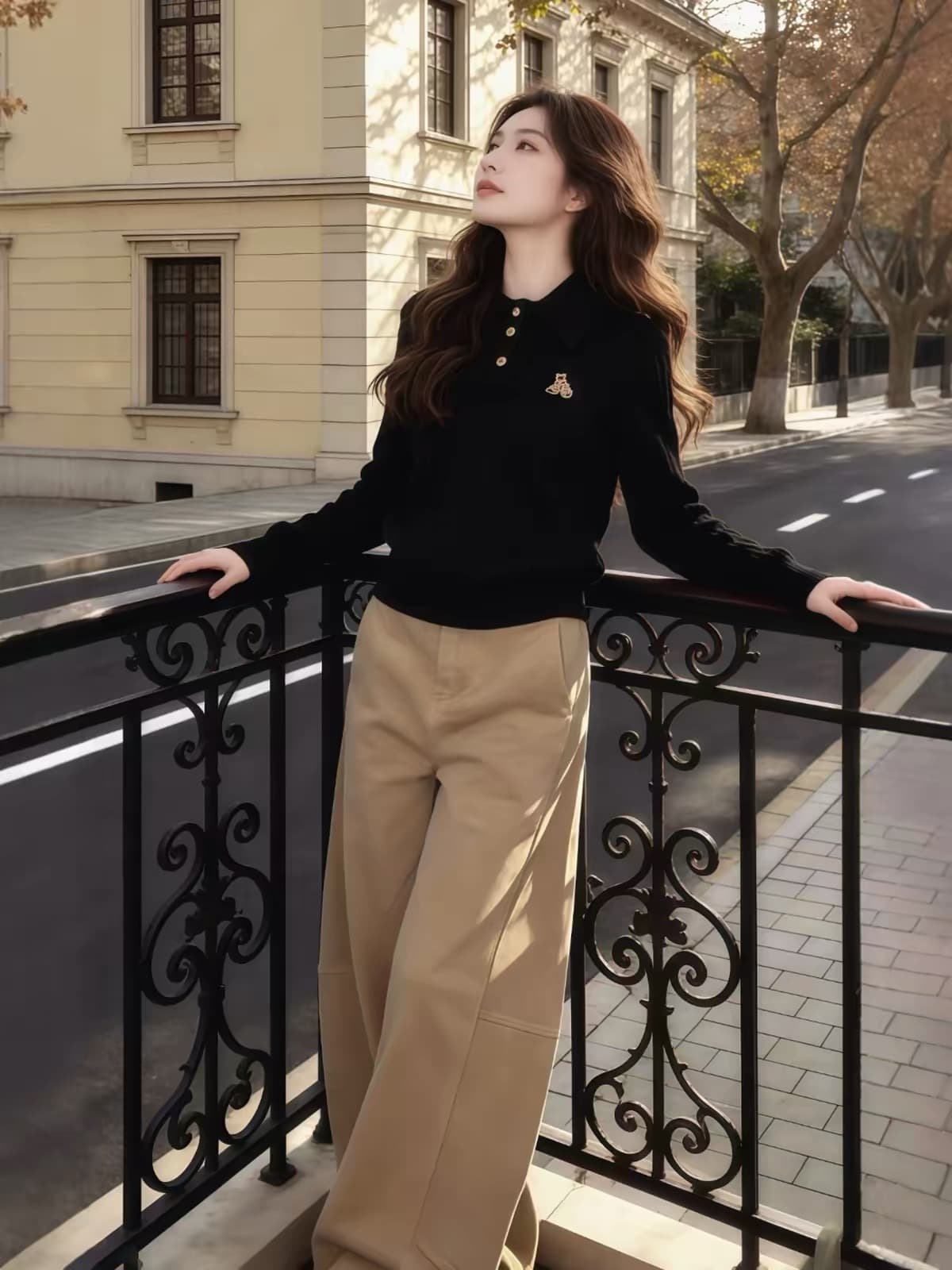 검정색 POLO 셔츠 폴로 칼라 작은 곰 자수 몸매 가꾸기 인사이드 가져 가라. 긴팔 티셔츠 여성 가을 2026 슈퍼 화재 연령 감소 맨위 이미지 3
