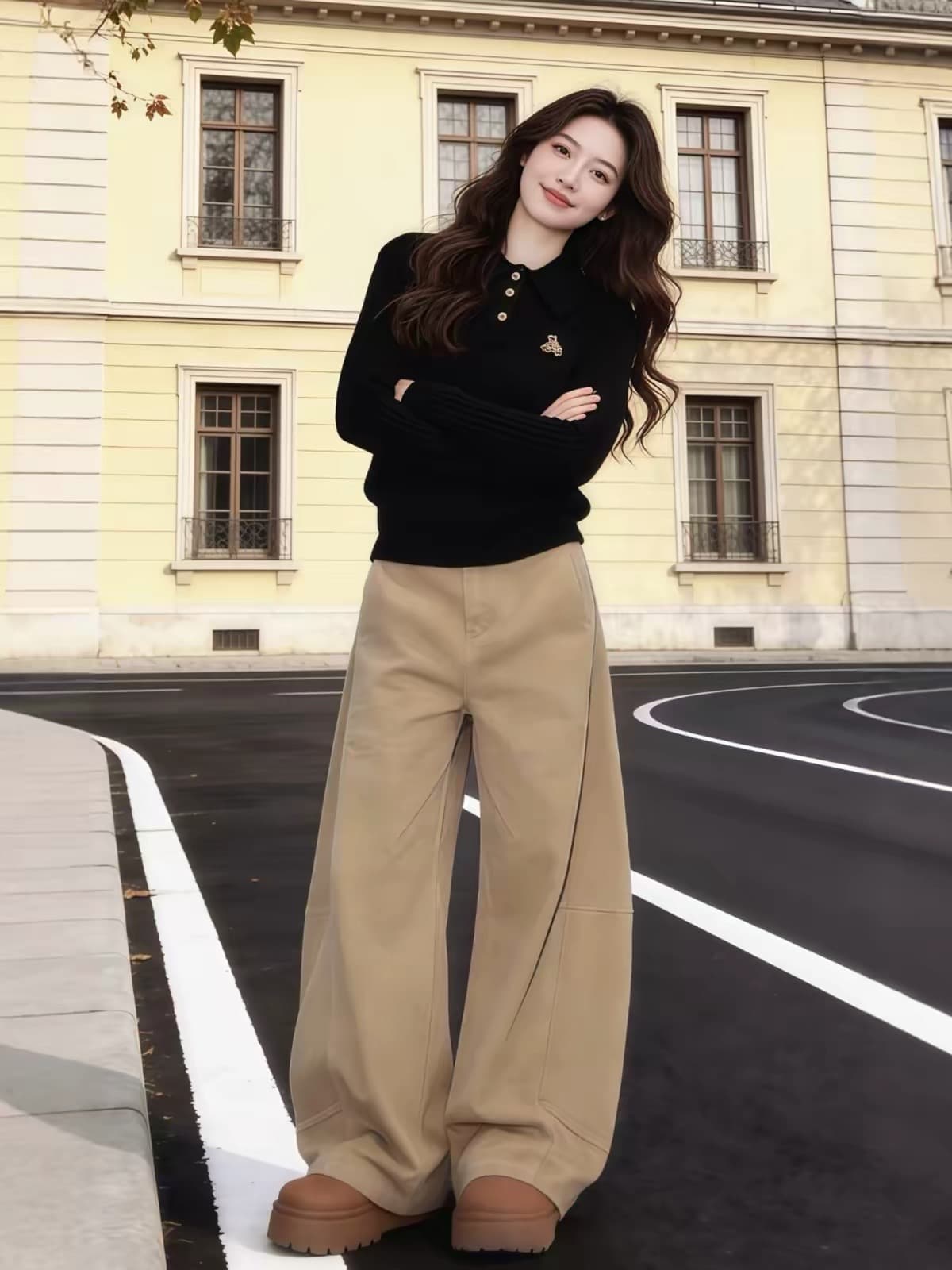 검정색 POLO 셔츠 폴로 칼라 작은 곰 자수 몸매 가꾸기 인사이드 가져 가라. 긴팔 티셔츠 여성 가을 2026 슈퍼 화재 연령 감소 맨위 상세 이미지 3