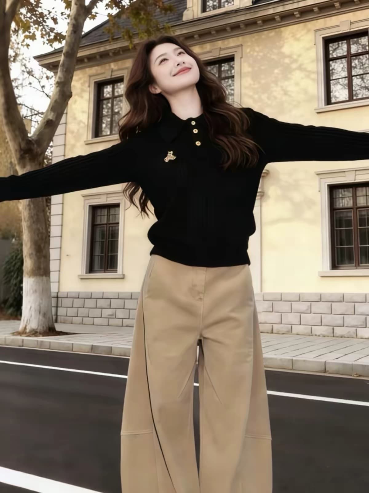검정색 POLO 셔츠 폴로 칼라 작은 곰 자수 몸매 가꾸기 인사이드 가져 가라. 긴팔 티셔츠 여성 가을 2026 슈퍼 화재 연령 감소 맨위 상세 이미지 5