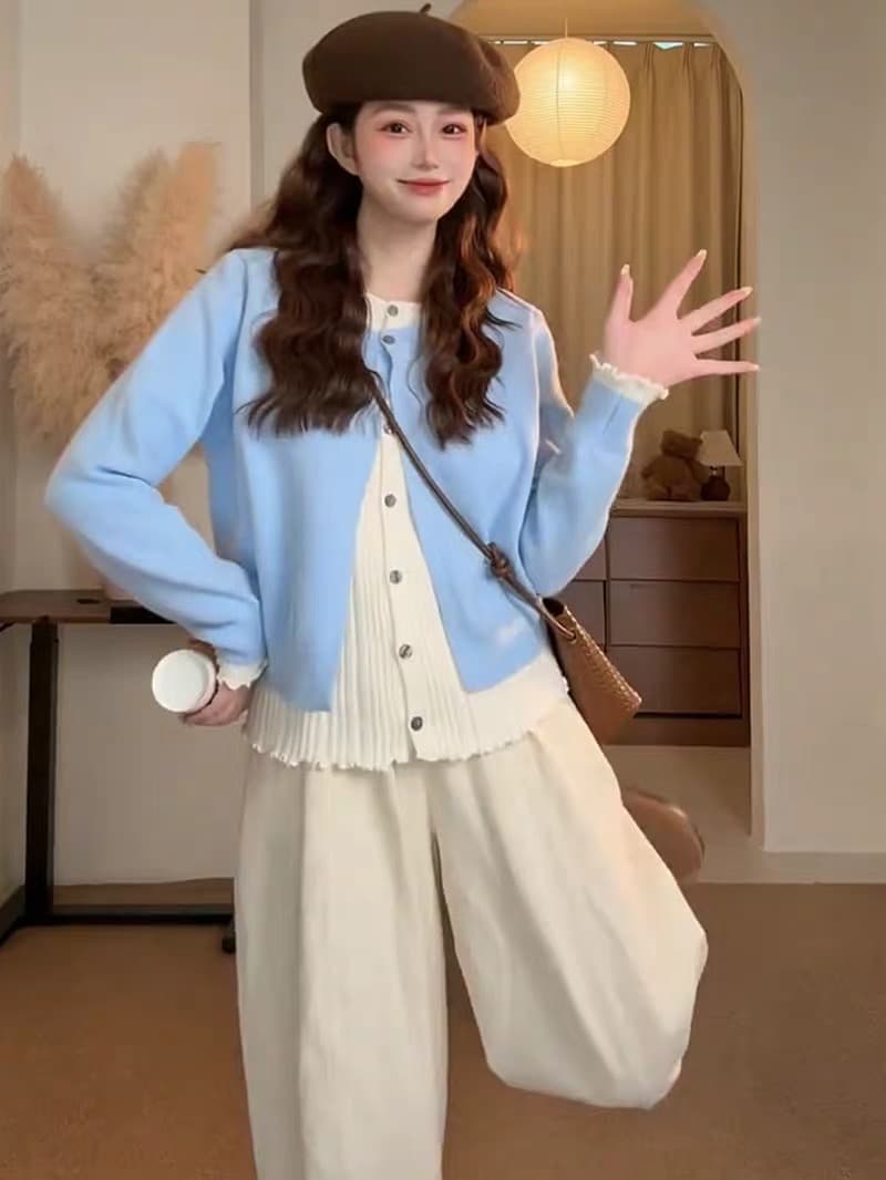 한 부서 부드러운 바람 배색 페이크 레이어드 니트 오픈 가디건 여성 가을 겨울 슬림해 보이는 스웨터 코트 바지 투피스 세트 이미지 3