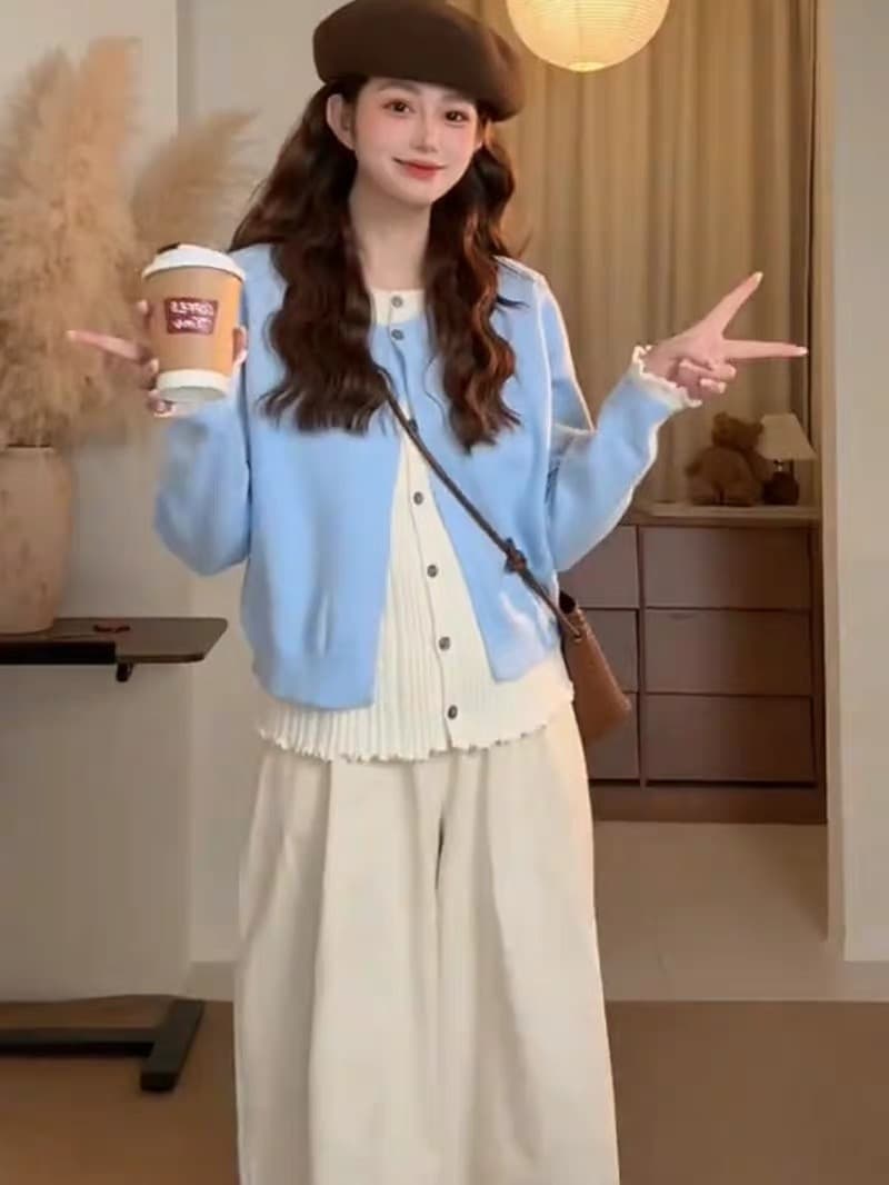 한 부서 부드러운 바람 배색 페이크 레이어드 니트 오픈 가디건 여성 가을 겨울 슬림해 보이는 스웨터 코트 바지 투피스 세트 상세 이미지 4