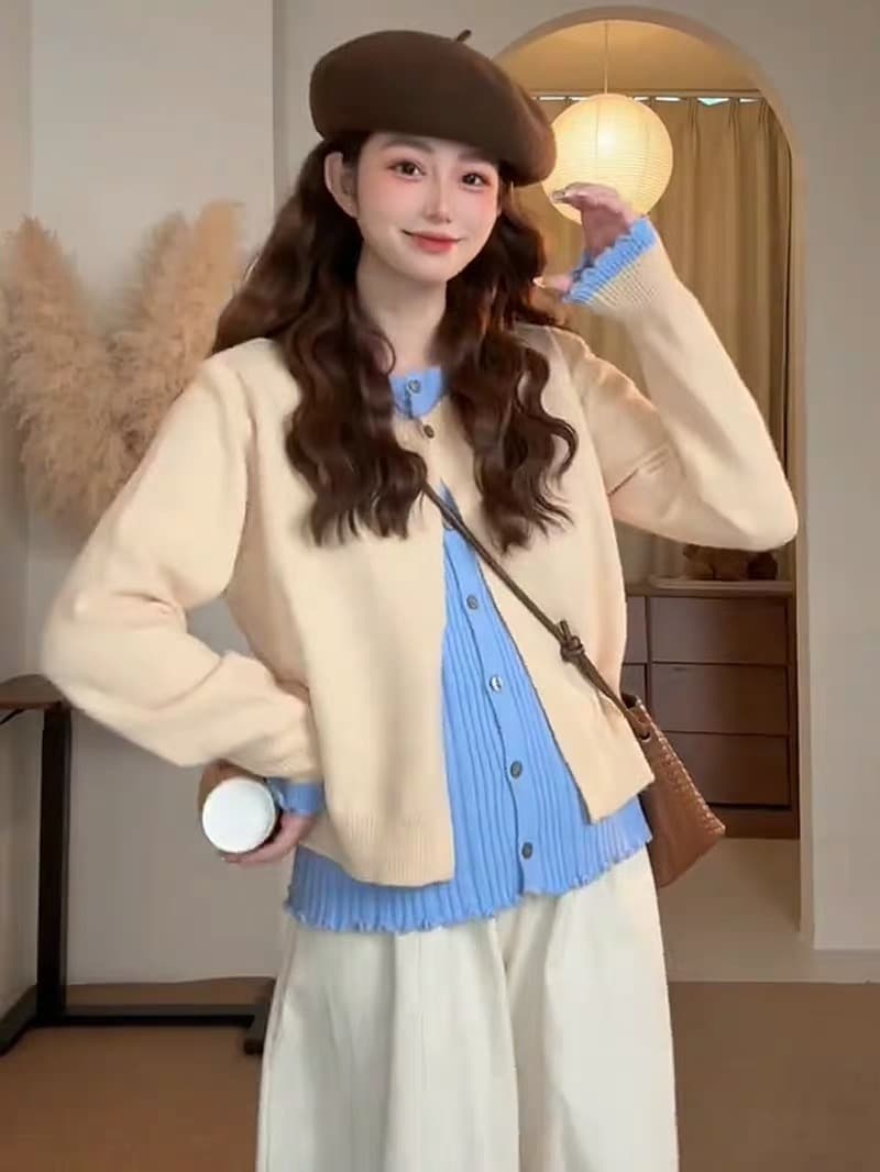 한 부서 부드러운 바람 배색 페이크 레이어드 니트 오픈 가디건 여성 가을 겨울 슬림해 보이는 스웨터 코트 바지 투피스 세트 상세 이미지 5