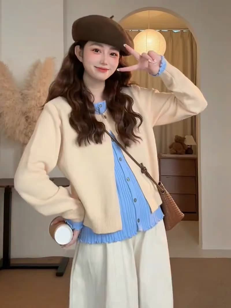 한 부서 부드러운 바람 배색 페이크 레이어드 니트 오픈 가디건 여성 가을 겨울 슬림해 보이는 스웨터 코트 바지 투피스 세트 상세 이미지 6