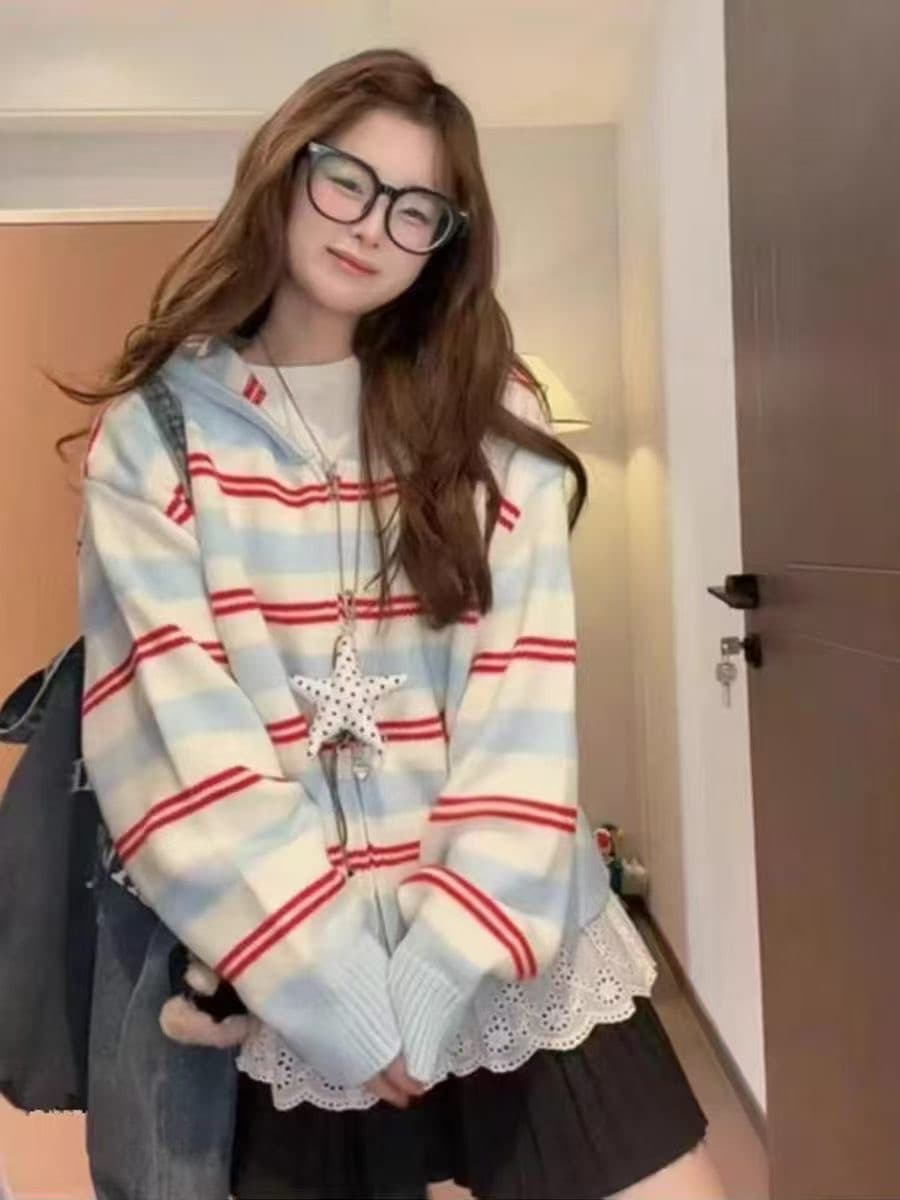 한 부서 루즈핏 느긋한 바람 다용도 후드 니트 오픈 가디건 여성 가을 새로운 캐주얼 슬림해 보이는 스웨터 코트 맨위 상세 이미지 6
