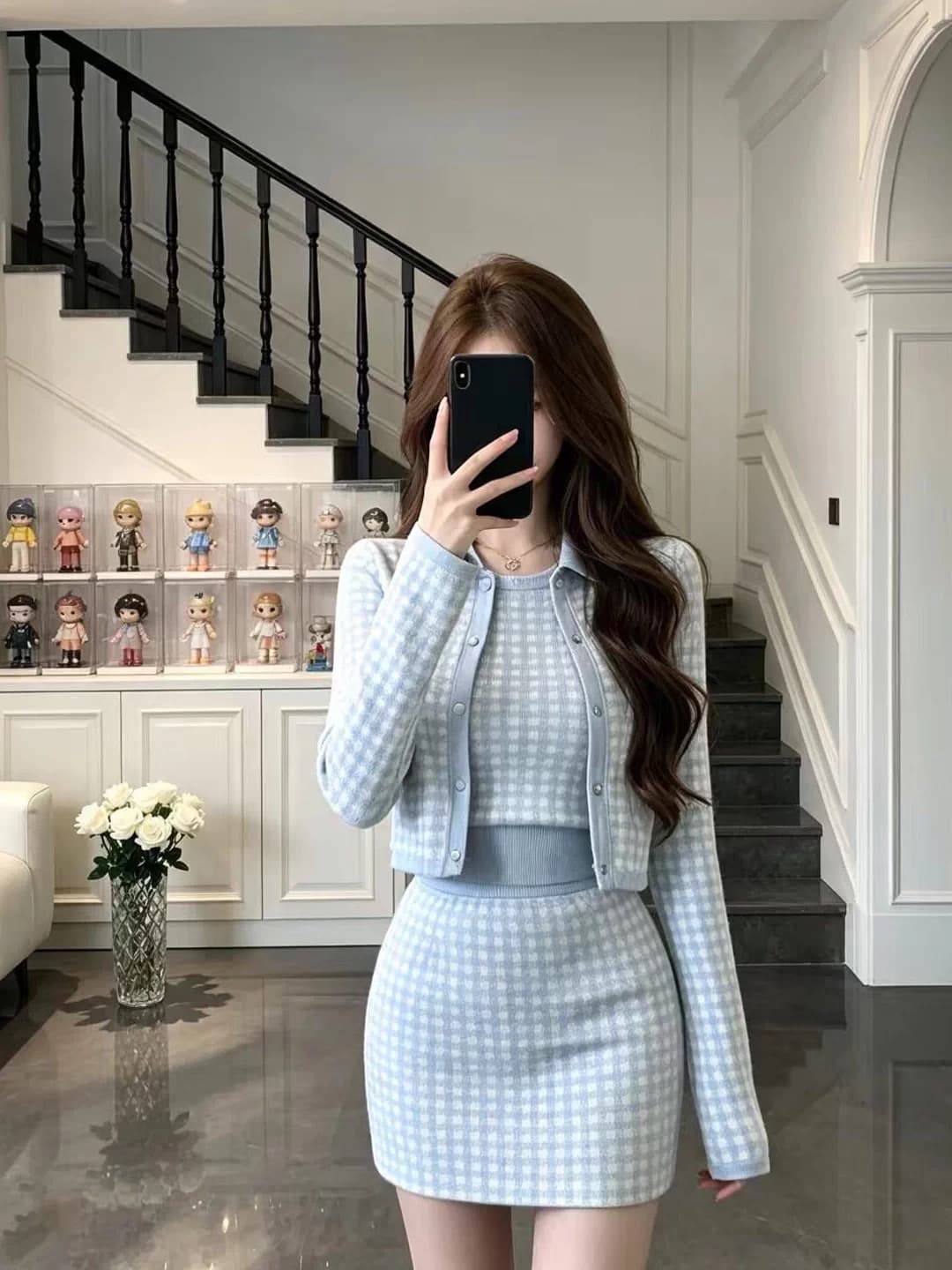 프랑스식 작은 샤넬 스타일 배색 니트 오픈 가디건 세트 여성 가을 겨울 천 금빛 바람 품격 오픈 가디건 조끼 반 스커트 3종 세트 이미지 2