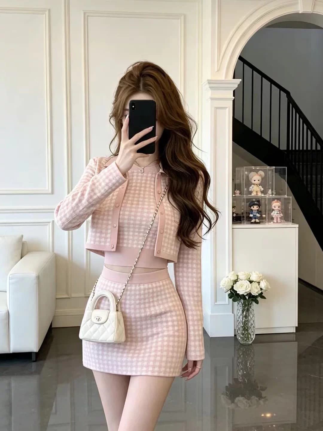 프랑스식 작은 샤넬 스타일 배색 니트 오픈 가디건 세트 여성 가을 겨울 천 금빛 바람 품격 오픈 가디건 조끼 반 스커트 3종 세트