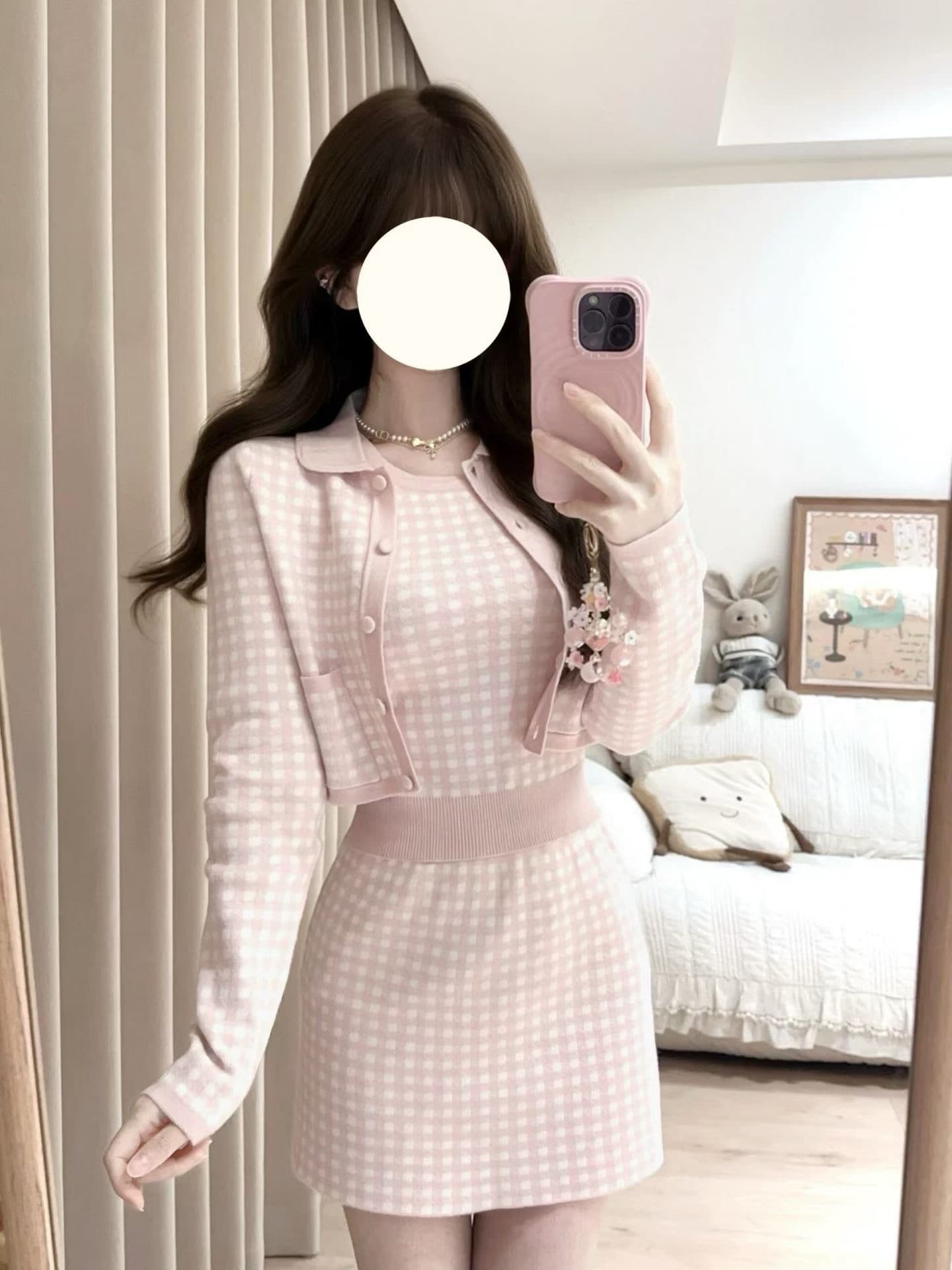 프랑스식 작은 샤넬 스타일 배색 니트 오픈 가디건 세트 여성 가을 겨울 천 금빛 바람 품격 오픈 가디건 조끼 반 스커트 3종 세트 상세 이미지 1