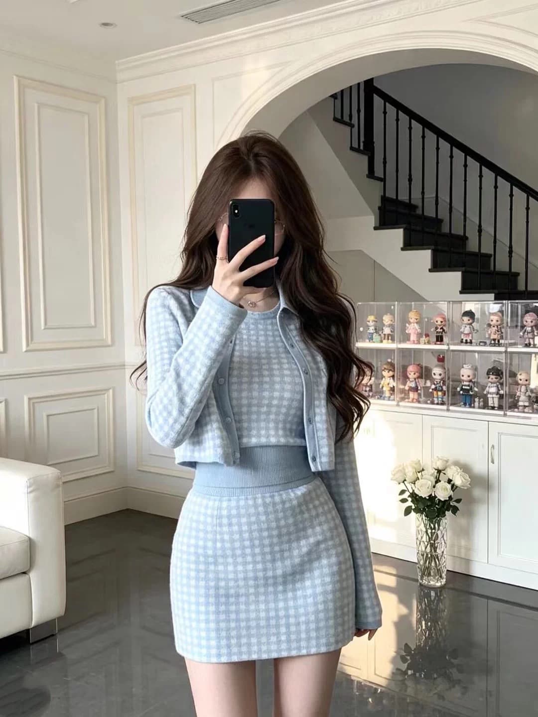 프랑스식 작은 샤넬 스타일 배색 니트 오픈 가디건 세트 여성 가을 겨울 천 금빛 바람 품격 오픈 가디건 조끼 반 스커트 3종 세트 상세 이미지 3