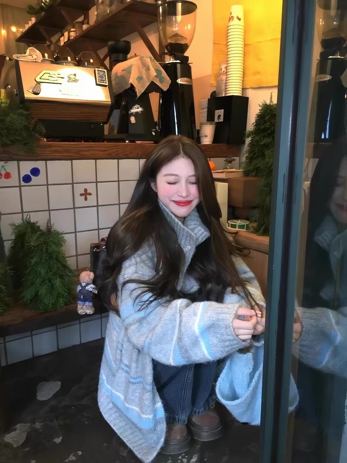 달콤함 부드러운 찹쌀 바람 터틀넥 스트라이프 스웨터 여성 코트 겨울 새로운 루즈핏 슬림해 보이는 다용도 니트 오픈 가디건 맨위 상세 이미지 1