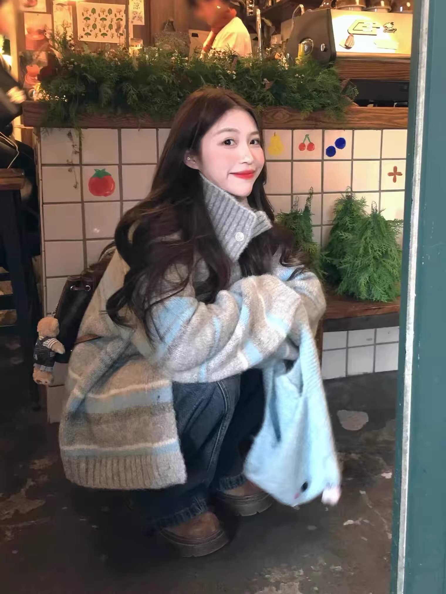 달콤함 부드러운 찹쌀 바람 터틀넥 스트라이프 스웨터 여성 코트 겨울 새로운 루즈핏 슬림해 보이는 다용도 니트 오픈 가디건 맨위 상세 이미지 3