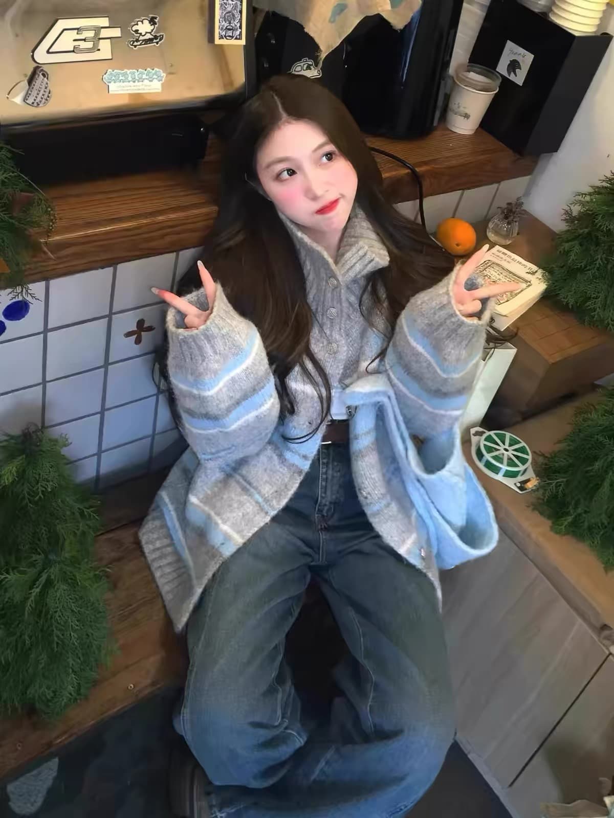 달콤함 부드러운 찹쌀 바람 터틀넥 스트라이프 스웨터 여성 코트 겨울 새로운 루즈핏 슬림해 보이는 다용도 니트 오픈 가디건 맨위 상세 이미지 4