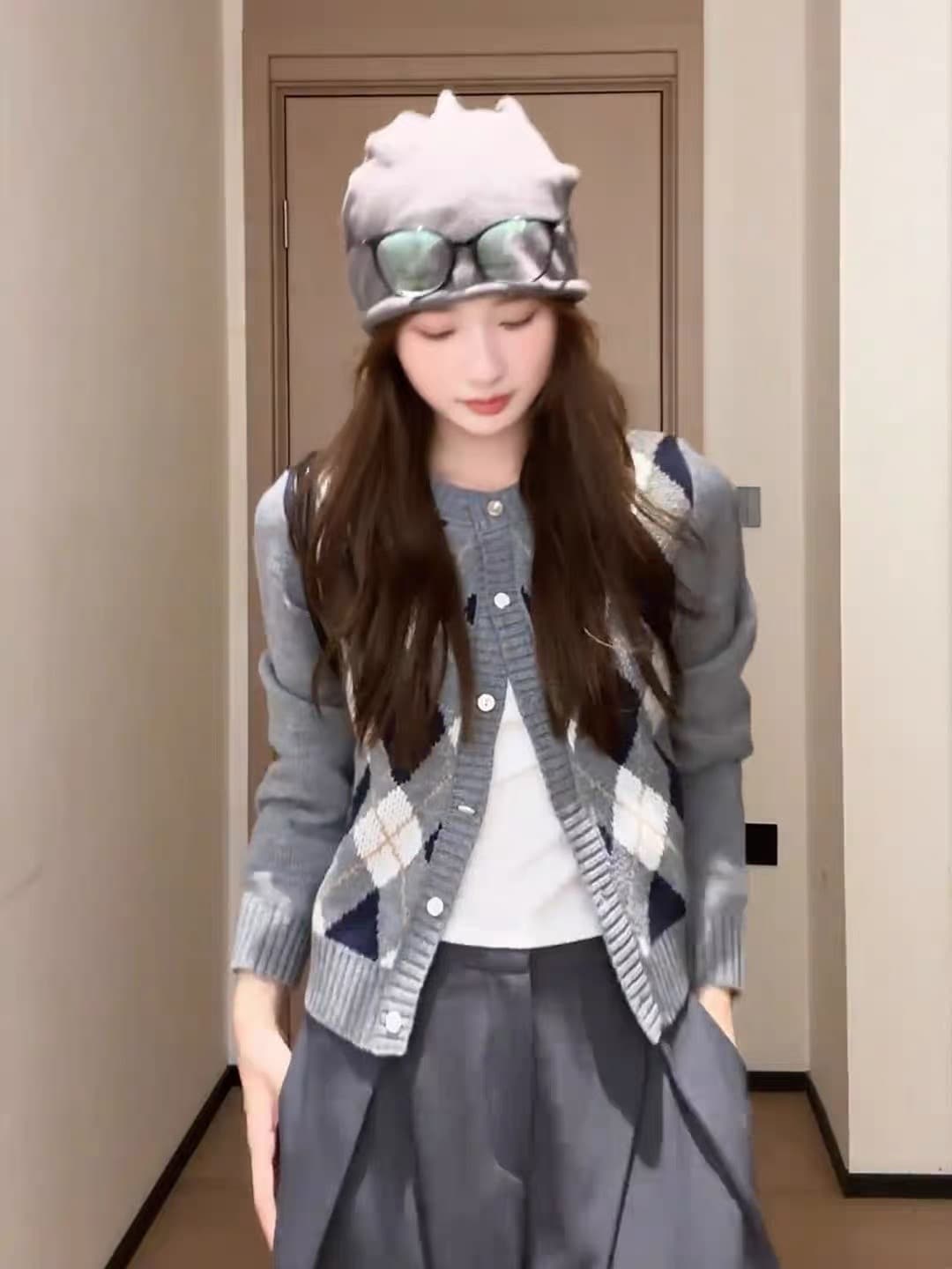 한 부서 링 그리드 니트 오픈 가디건 여성 가을 라운드 넥 스웨터 코트 레트로 학원 스타일 슬림해 보이는 다용도 외출용 맨위 상세 이미지 2