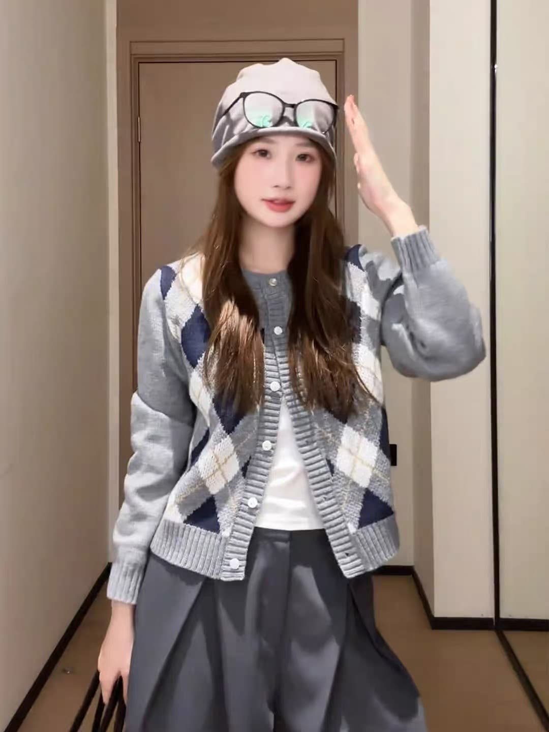 한 부서 링 그리드 니트 오픈 가디건 여성 가을 라운드 넥 스웨터 코트 레트로 학원 스타일 슬림해 보이는 다용도 외출용 맨위 상세 이미지 3