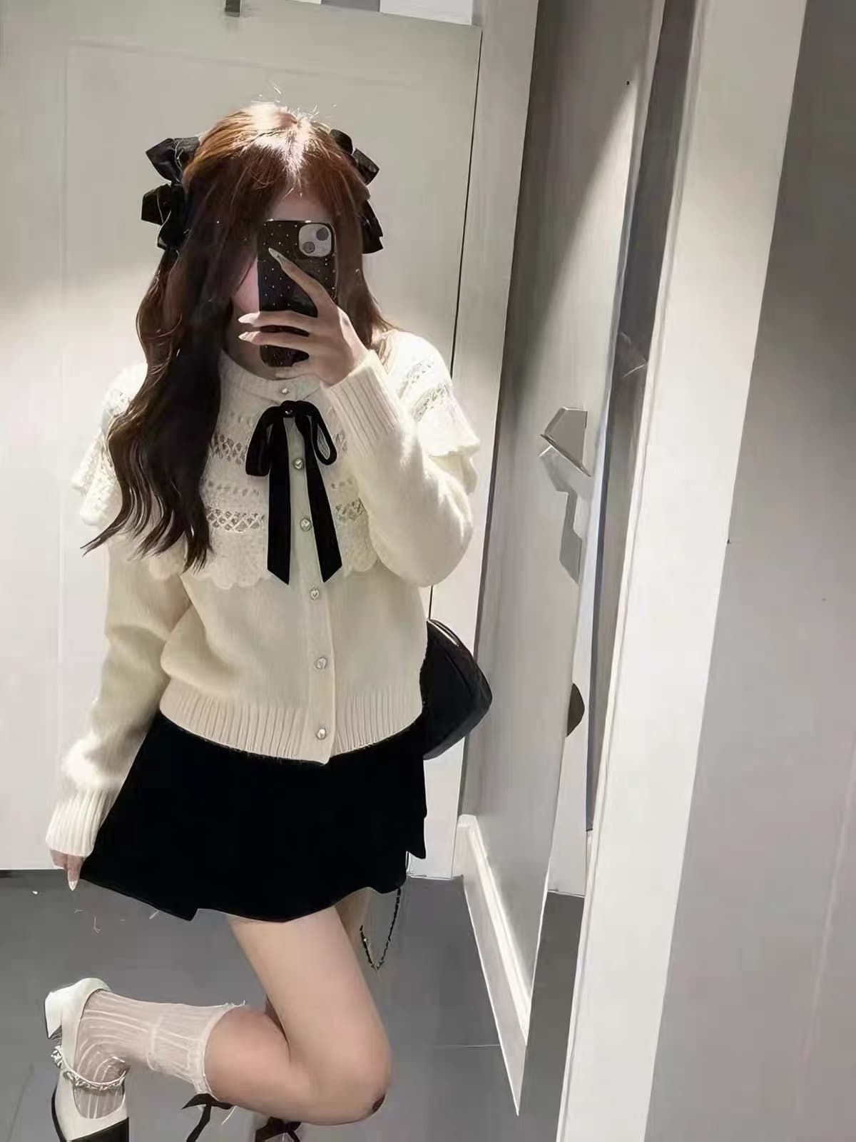 달콤함 나비 매듭 홀로우 아웃 니트 오픈 가디건 여성 이른 가을 한 부서 착용 가져 가라. 학원 스타일 품격 슬림해 보이는 스웨터 맨위