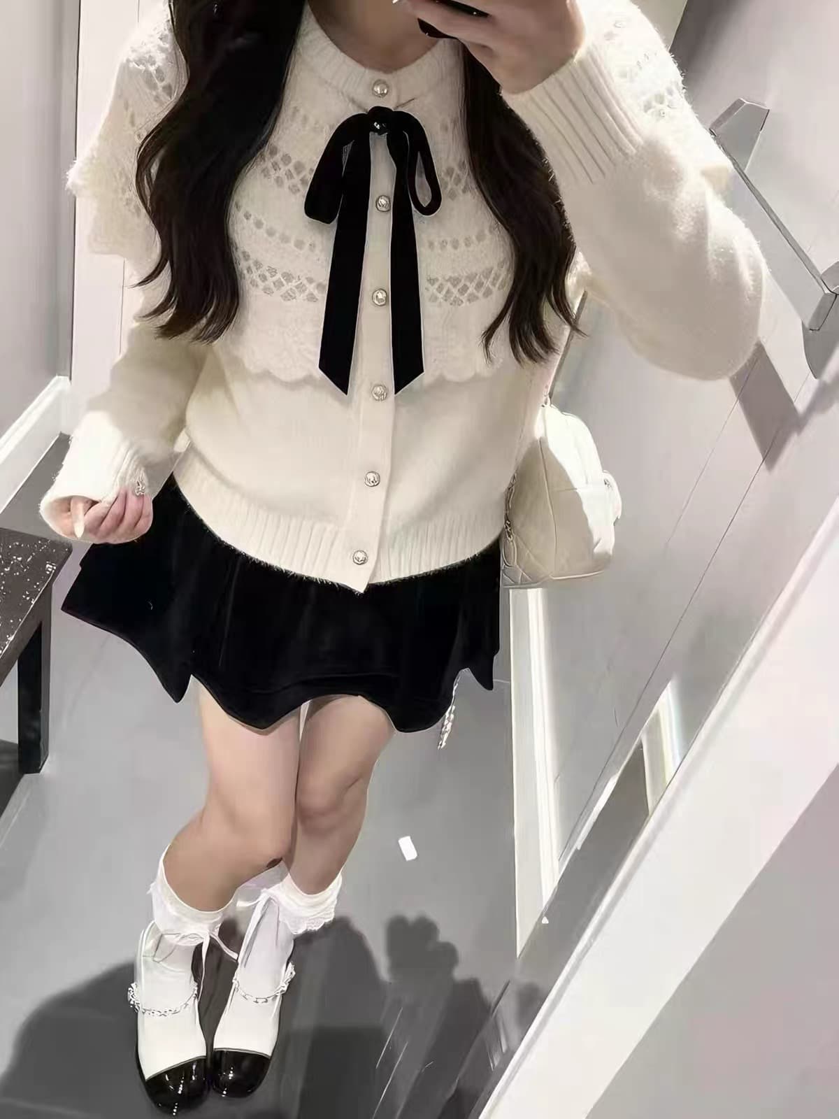 달콤함 나비 매듭 홀로우 아웃 니트 오픈 가디건 여성 이른 가을 한 부서 착용 가져 가라. 학원 스타일 품격 슬림해 보이는 스웨터 맨위 상세 이미지 2