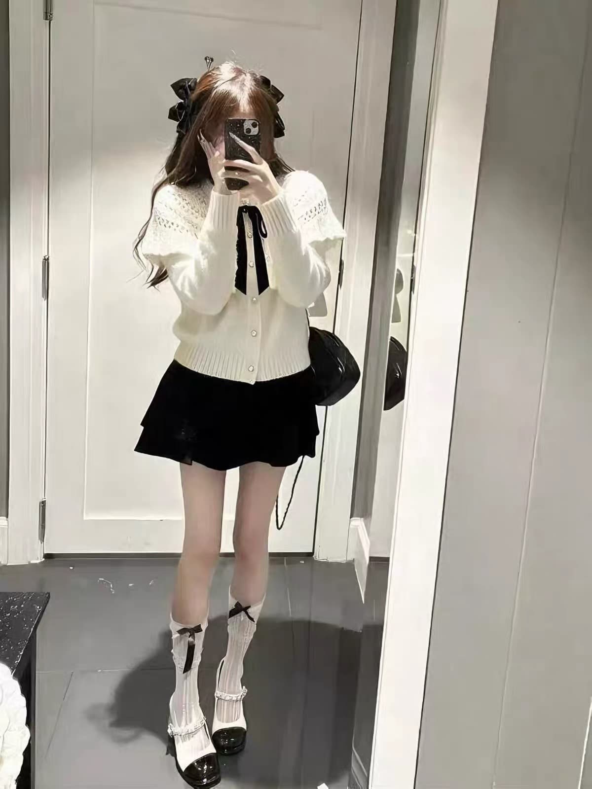 달콤함 나비 매듭 홀로우 아웃 니트 오픈 가디건 여성 이른 가을 한 부서 착용 가져 가라. 학원 스타일 품격 슬림해 보이는 스웨터 맨위 상세 이미지 3