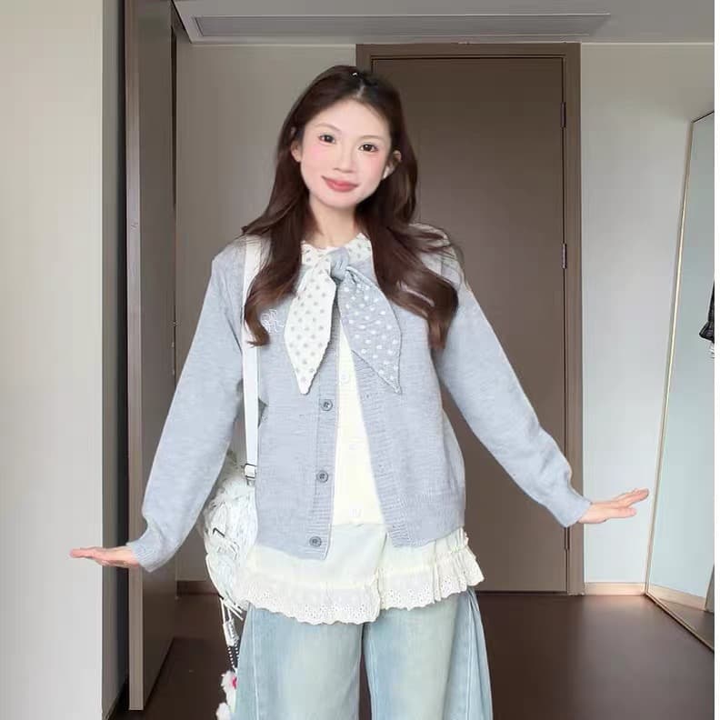 도트 무늬 나비 매듭 니트 오픈 가디건 여성 가을 겨울 슬림해 보이는 느긋한 다용도 부드러운 찹쌀 스웨터 외부 잡아라. 의류 페이크 레이어드 상세 이미지 2
