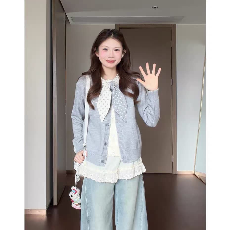 도트 무늬 나비 매듭 니트 오픈 가디건 여성 가을 겨울 슬림해 보이는 느긋한 다용도 부드러운 찹쌀 스웨터 외부 잡아라. 의류 페이크 레이어드 상세 이미지 4
