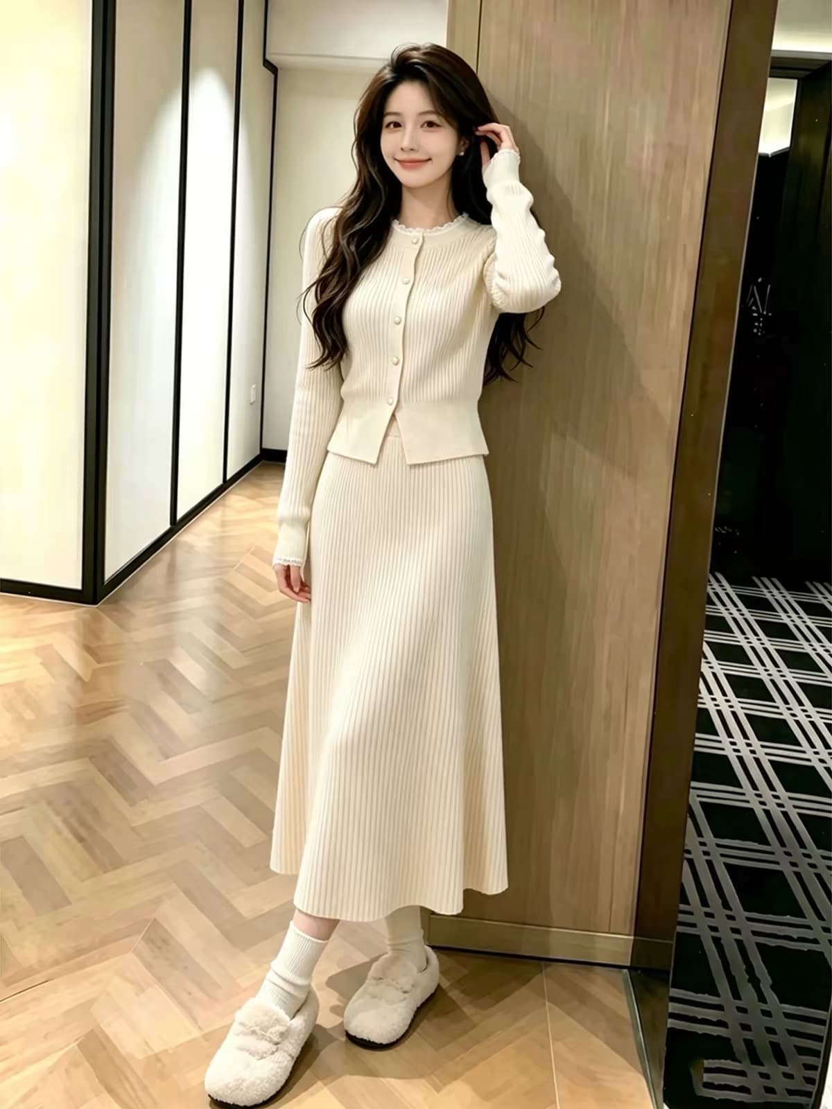 2026 새로운 이른 가을 한 부서 낮음 포화 상태 전체 집합 ootd 착용 가져 가라. 자이언트 잘 생긴 살구 색상 반신 스커트 투피스 슈트 이미지 4