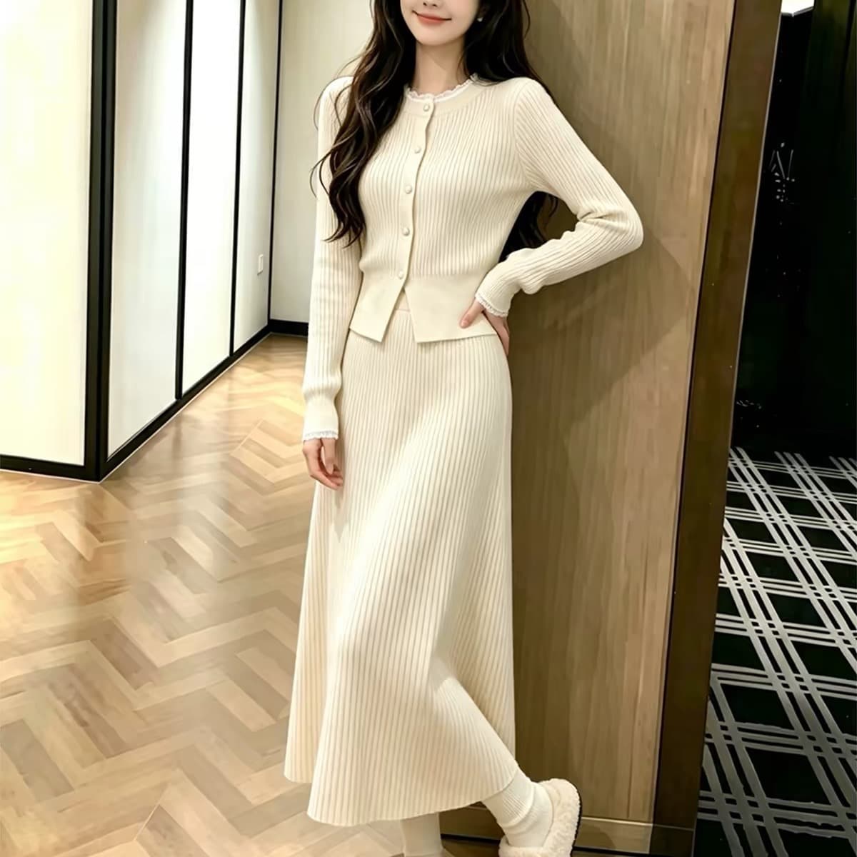 2026 새로운 이른 가을 한 부서 낮음 포화 상태 전체 집합 ootd 착용 가져 가라. 자이언트 잘 생긴 살구 색상 반신 스커트 투피스 슈트 이미지 5