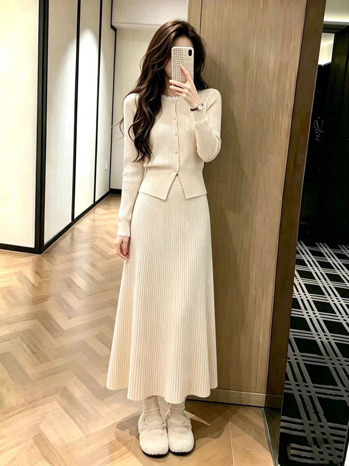 2026 새로운 이른 가을 한 부서 낮음 포화 상태 전체 집합 ootd 착용 가져 가라. 자이언트 잘 생긴 살구 색상 반신 스커트 투피스 슈트 상세 이미지 1