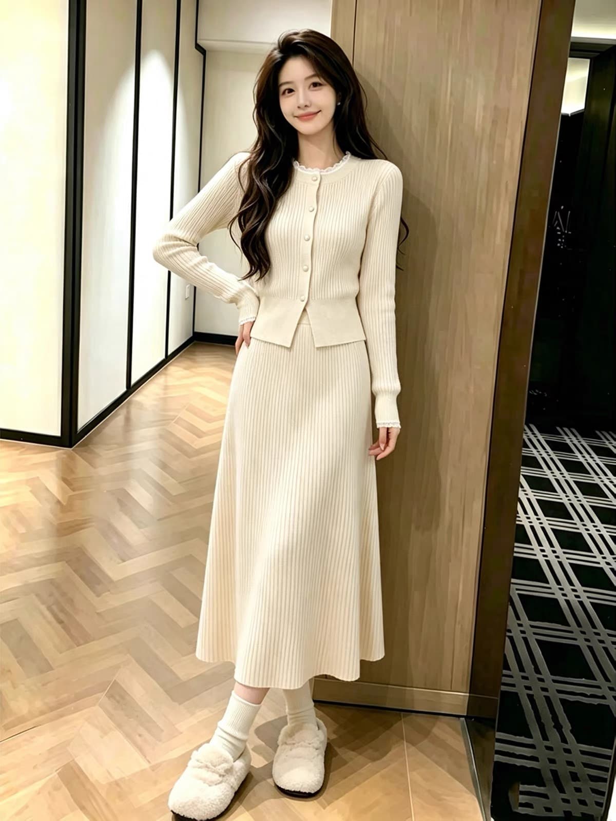 2026 새로운 이른 가을 한 부서 낮음 포화 상태 전체 집합 ootd 착용 가져 가라. 자이언트 잘 생긴 살구 색상 반신 스커트 투피스 슈트 상세 이미지 3