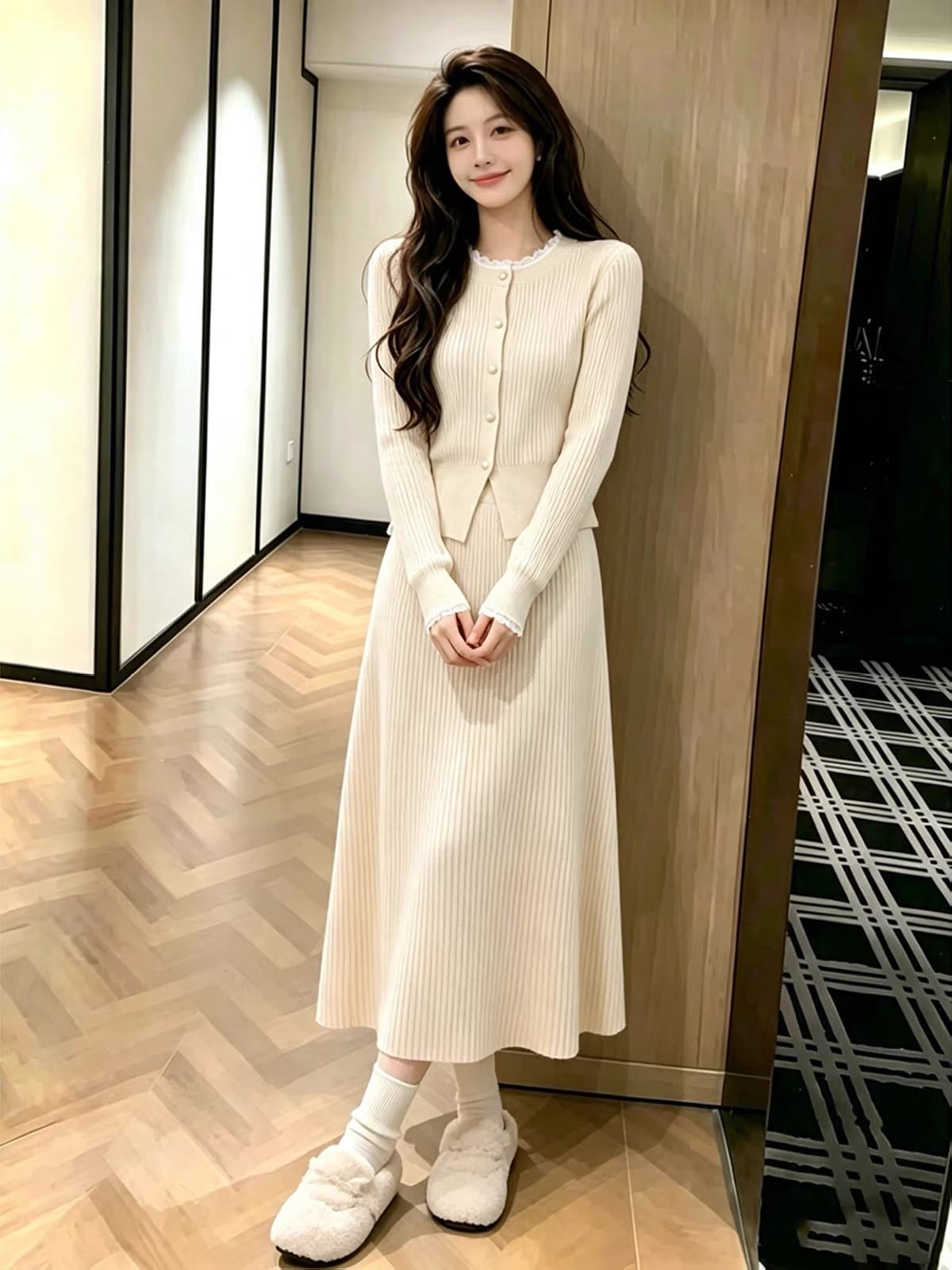 2026 새로운 이른 가을 한 부서 낮음 포화 상태 전체 집합 ootd 착용 가져 가라. 자이언트 잘 생긴 살구 색상 반신 스커트 투피스 슈트 상세 이미지 4