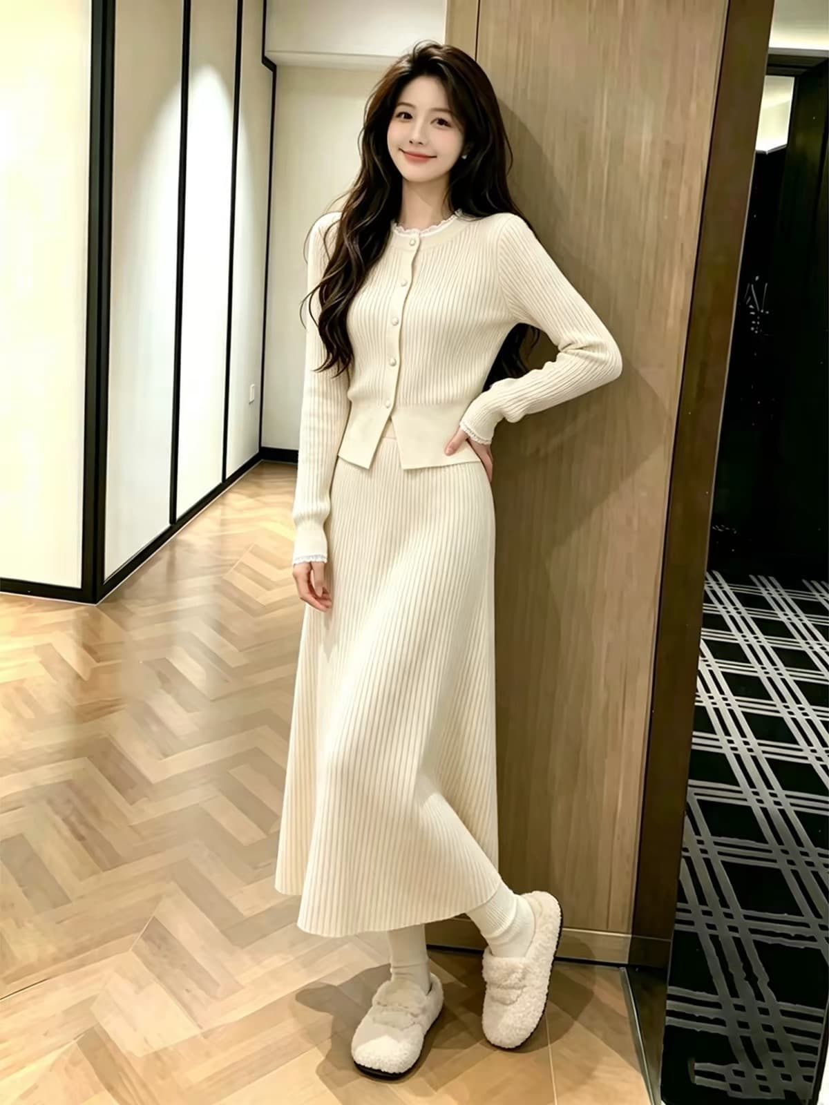 2026 새로운 이른 가을 한 부서 낮음 포화 상태 전체 집합 ootd 착용 가져 가라. 자이언트 잘 생긴 살구 색상 반신 스커트 투피스 슈트 상세 이미지 5