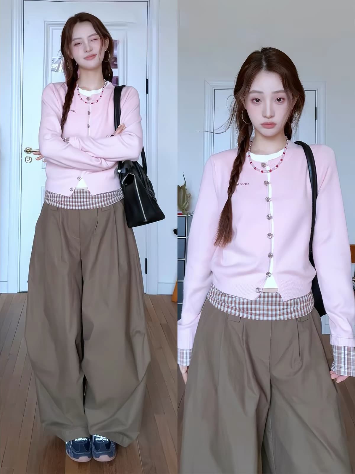 학원 가을 겨울철 새로운 캐주얼 다용도 배색 풀오버 핑크색 체크무늬 패치워크 페이크 레이어드 니트 스웨터 여성 셔츠