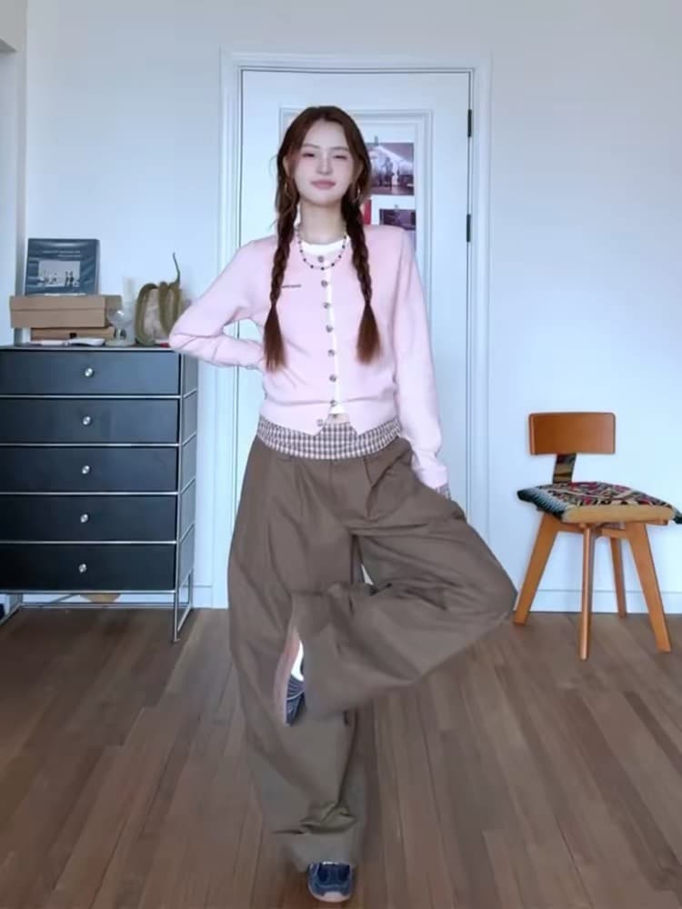 학원 가을 겨울철 새로운 캐주얼 다용도 배색 풀오버 핑크색 체크무늬 패치워크 페이크 레이어드 니트 스웨터 여성 셔츠 이미지 2