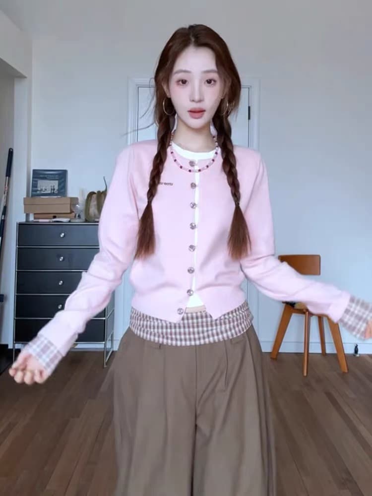 학원 가을 겨울철 새로운 캐주얼 다용도 배색 풀오버 핑크색 체크무늬 패치워크 페이크 레이어드 니트 스웨터 여성 셔츠 상세 이미지 3