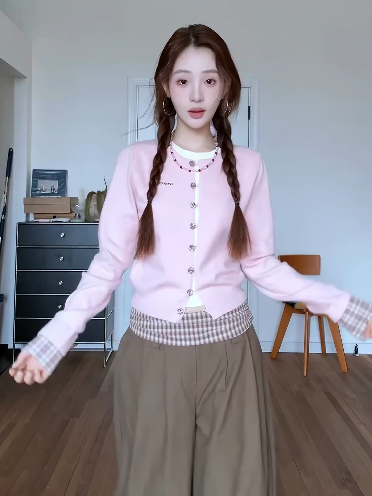 학원 가을 겨울철 새로운 캐주얼 다용도 배색 풀오버 핑크색 체크무늬 패치워크 페이크 레이어드 니트 스웨터 여성 셔츠 상세 이미지 5