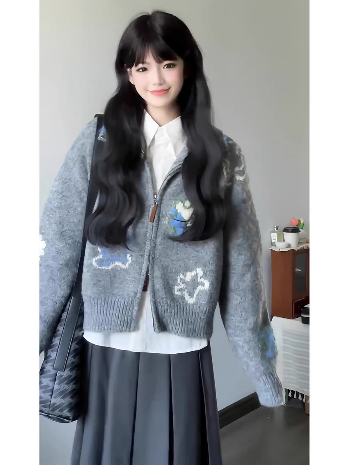 반신 스커트 투피스 세트 ins 한 부서 디자인 센스 회색 폴로 칼라 스웨터 오픈 가디건 루즈핏 느긋한 바람 2026 가을 이미지 5