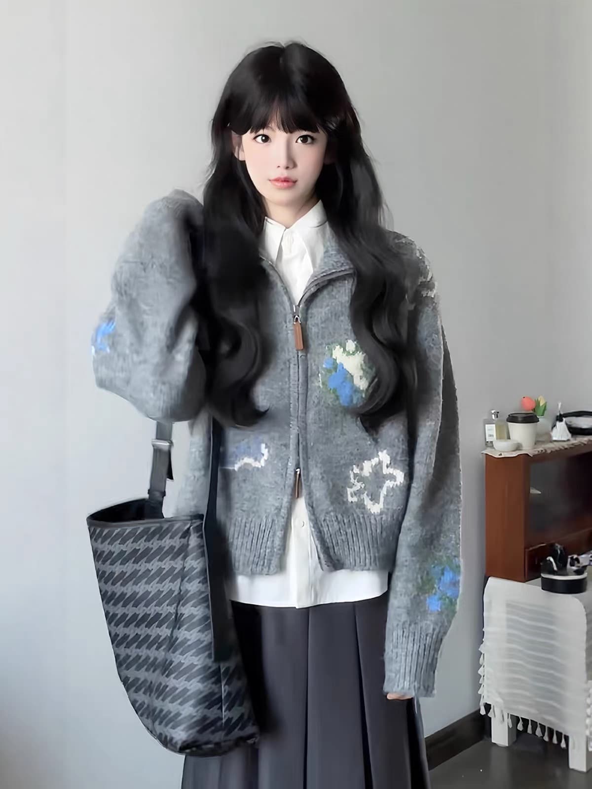 반신 스커트 투피스 세트 ins 한 부서 디자인 센스 회색 폴로 칼라 스웨터 오픈 가디건 루즈핏 느긋한 바람 2026 가을 상세 이미지 1