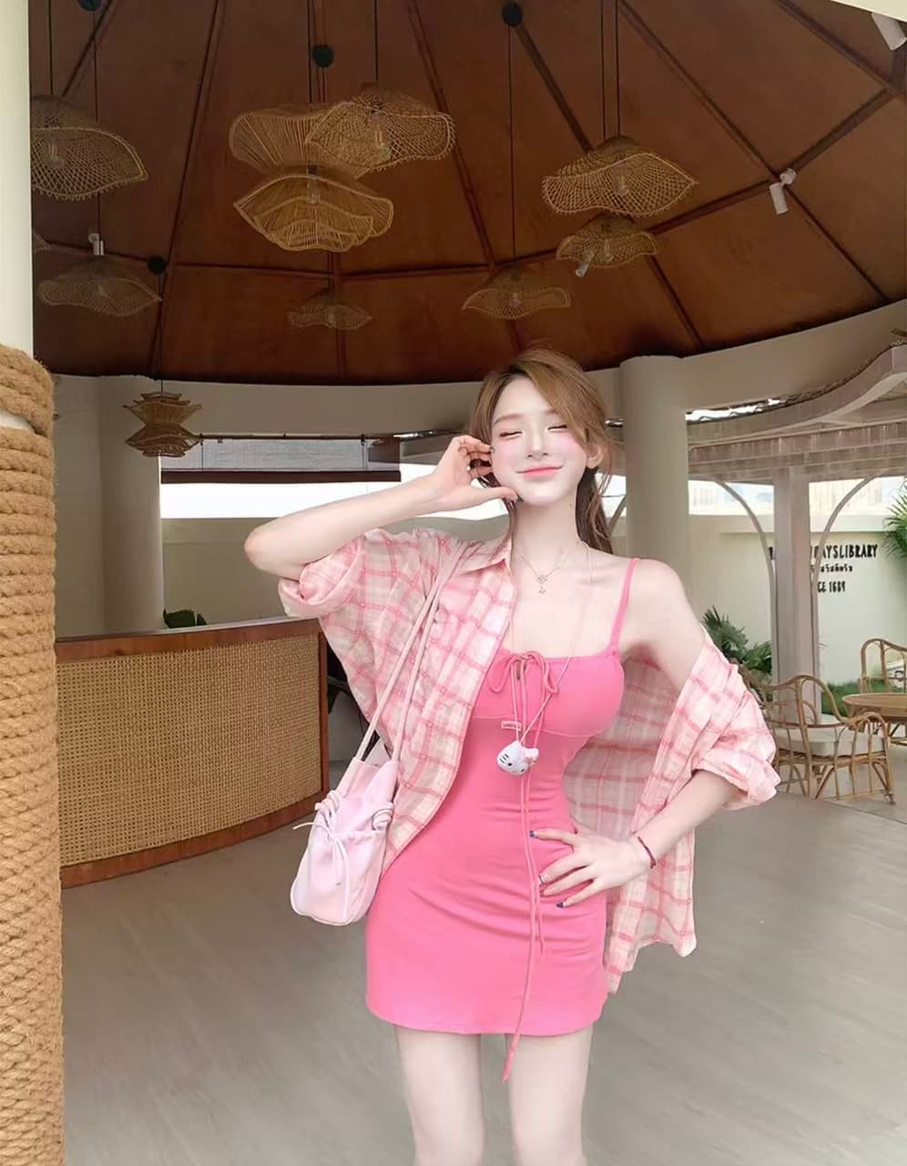 가을 허리 수축 슬림해 보이는 한 부서 순수한 욕망 바람 달콤함 타이트 스커트 슬립 드레스 자외선 차단 격자 무늬 셔츠 세트 여성 상세 이미지 2