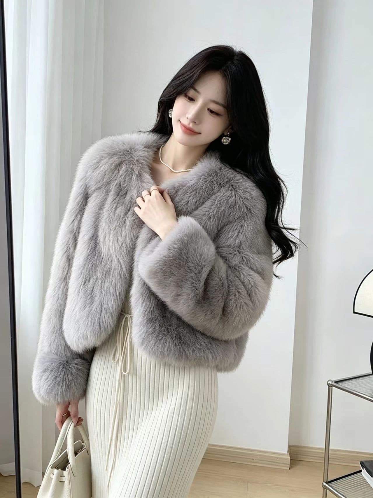 핑크색 겨울 한 부서 모방 여우털 모피 여성 짧은 하이웨이스트 작은 키 2026 가을 겨울 재킷 상세 이미지 8