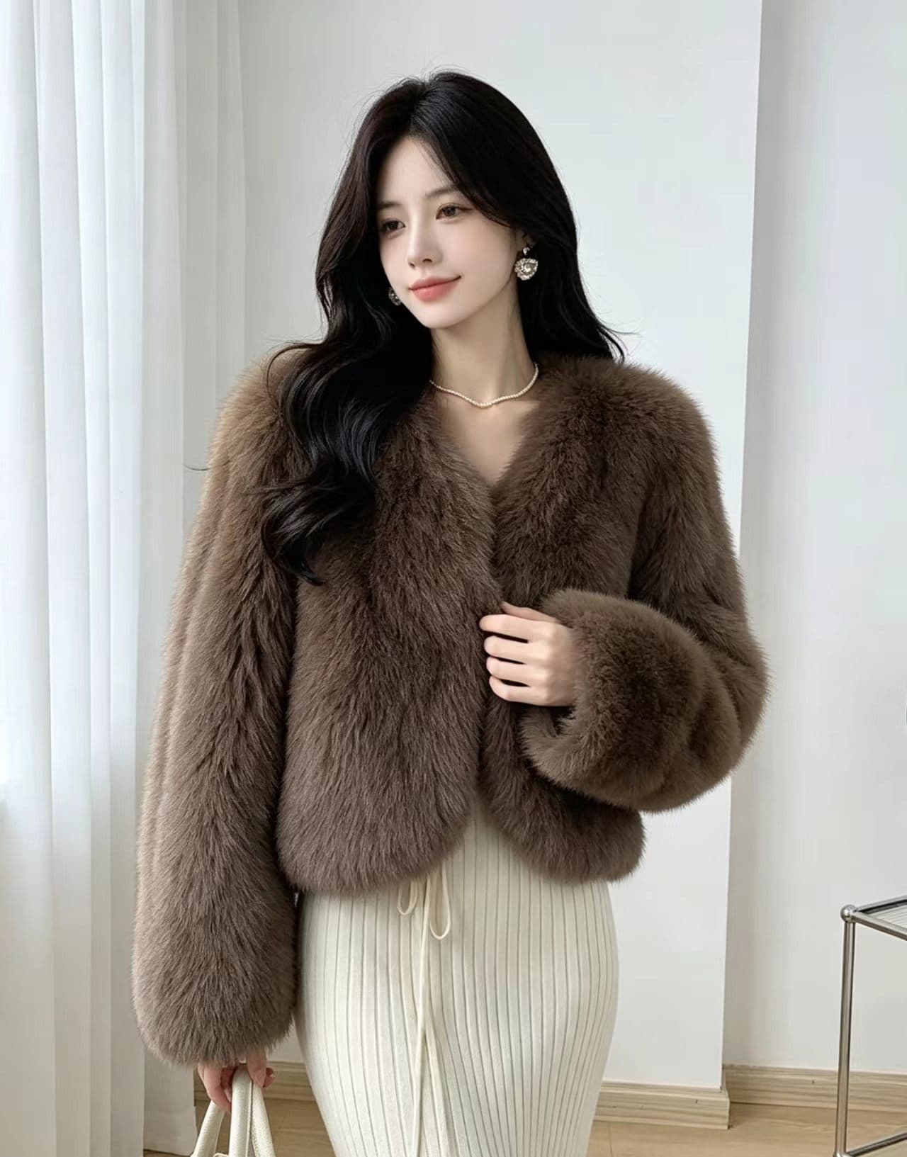 핑크색 겨울 한 부서 모방 여우털 모피 여성 짧은 하이웨이스트 작은 키 2026 가을 겨울 재킷 상세 이미지 12