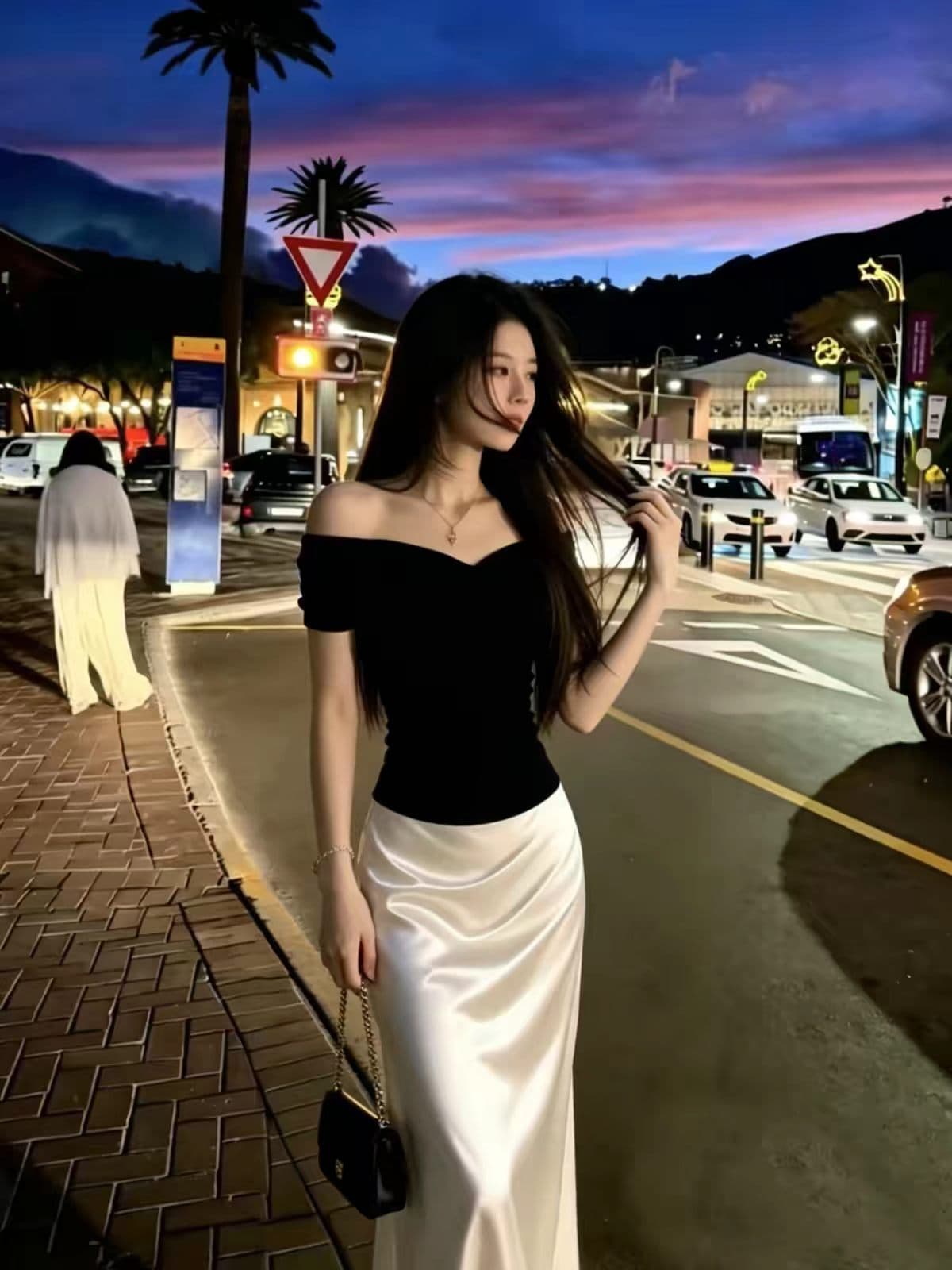 빛 사람들 코치 착용 가져 가라. 전체 집합 프랑스식 레트로 검정색 오프숄더 맨위 새틴 반 스커트 투피스 슈트 상세 이미지 3