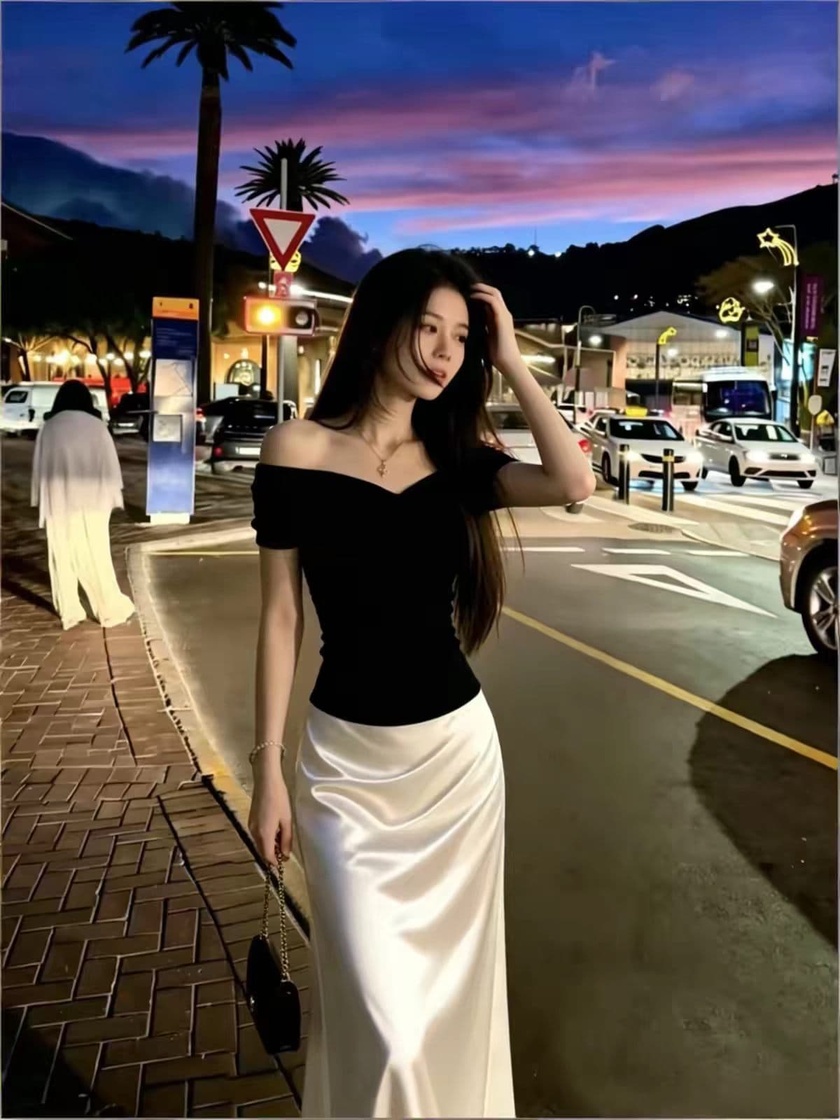 빛 사람들 코치 착용 가져 가라. 전체 집합 프랑스식 레트로 검정색 오프숄더 맨위 새틴 반 스커트 투피스 슈트 상세 이미지 5
