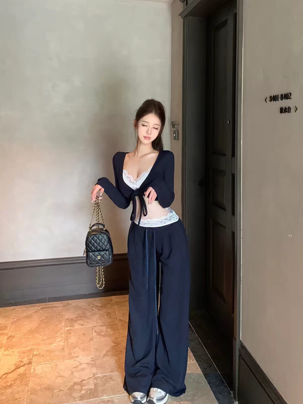 순수한 욕망 바람 고급 센스 세트 여성 초기 가을 chic 달콤한 매운맛 착용 가져 가라. 비싼 가스 로얄 자매 캐주얼 와이드 레그 팬츠 3종 세트 상세 이미지 10