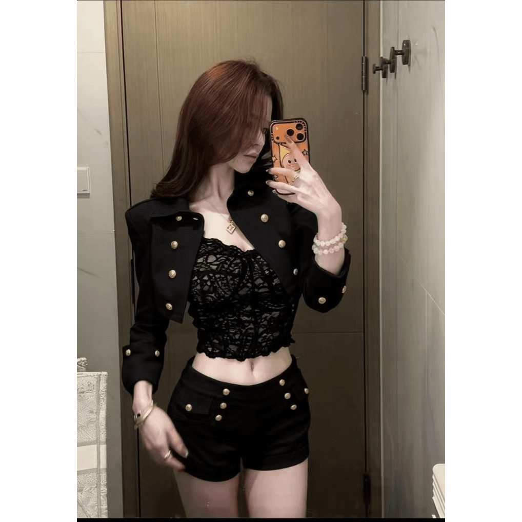 아메리칸 핫걸 레트로 스타일 워크웨어 투피스 세트 이중 버튼 디자인 쇼트 스타일 재킷 하이웨이스트 슬림해 보이는 반바지 세트 여성 이미지 6