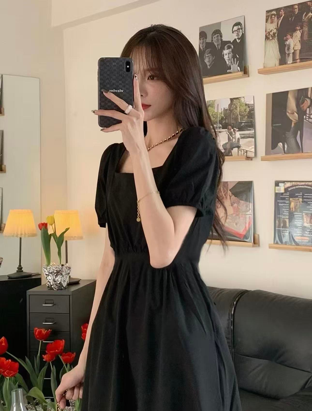 프랑스식 광장 칼라 그는 벤 바람 검정색 여성 드레스 여름 작은 키 고급 센스 치마 허리 수축 작은 검은 드레스 롱 스커트 이미지 4