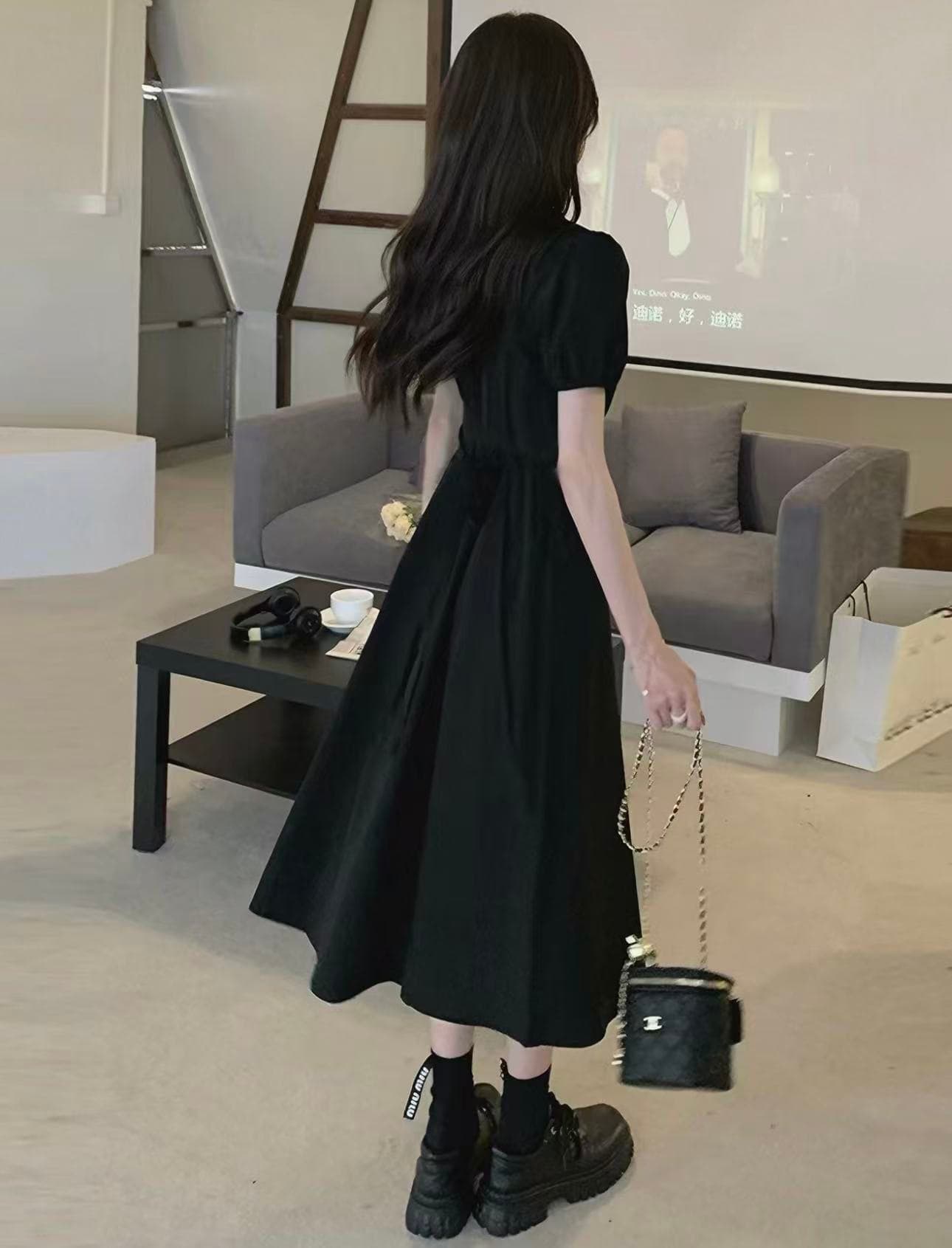 프랑스식 광장 칼라 그는 벤 바람 검정색 여성 드레스 여름 작은 키 고급 센스 치마 허리 수축 작은 검은 드레스 롱 스커트 이미지 3