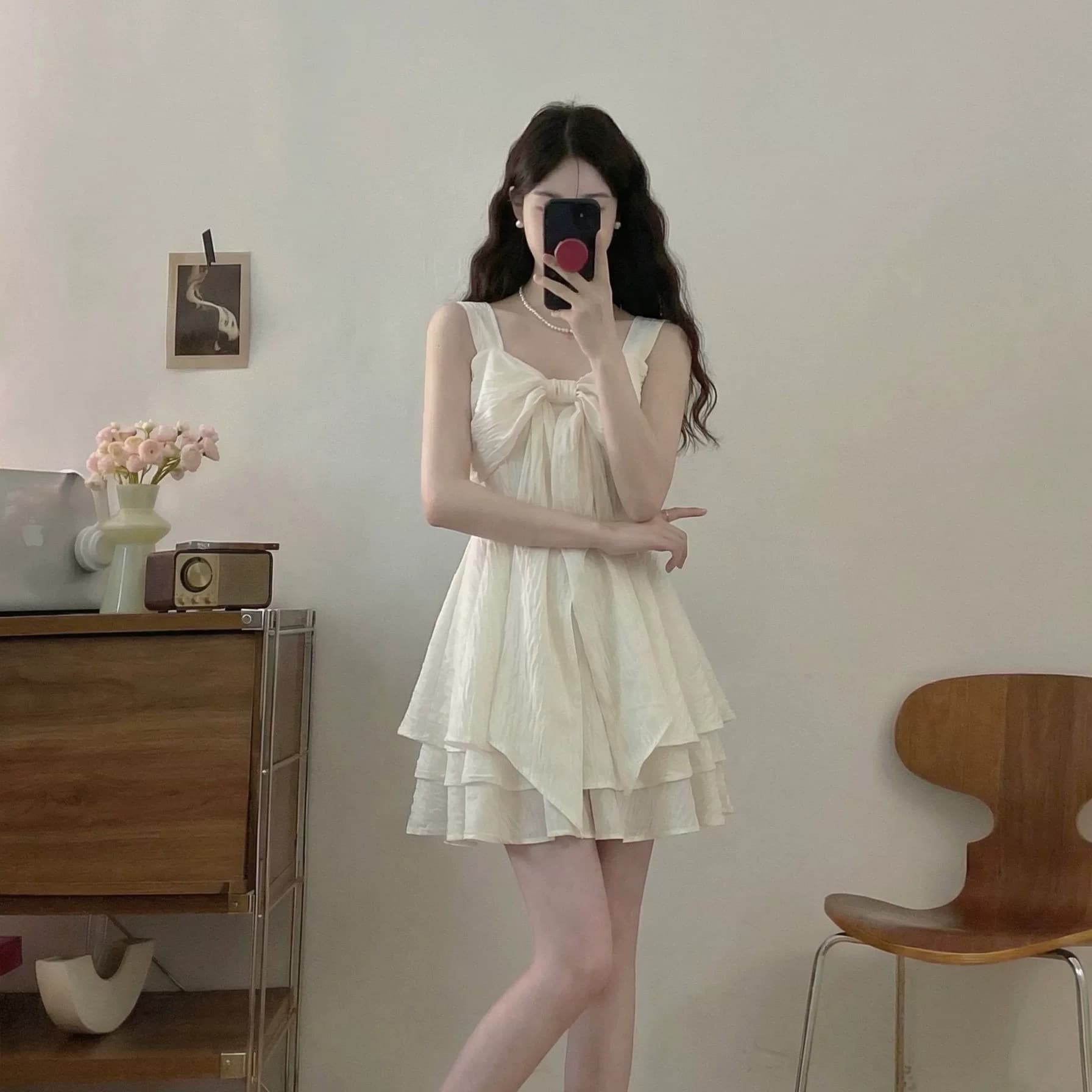달콤함 휴가 바람 나비 매듭 슬립 여성 드레스 여름 새로운 허리 수축 미니 스커트 디자인 센스 작은 키 치마 이미지 4